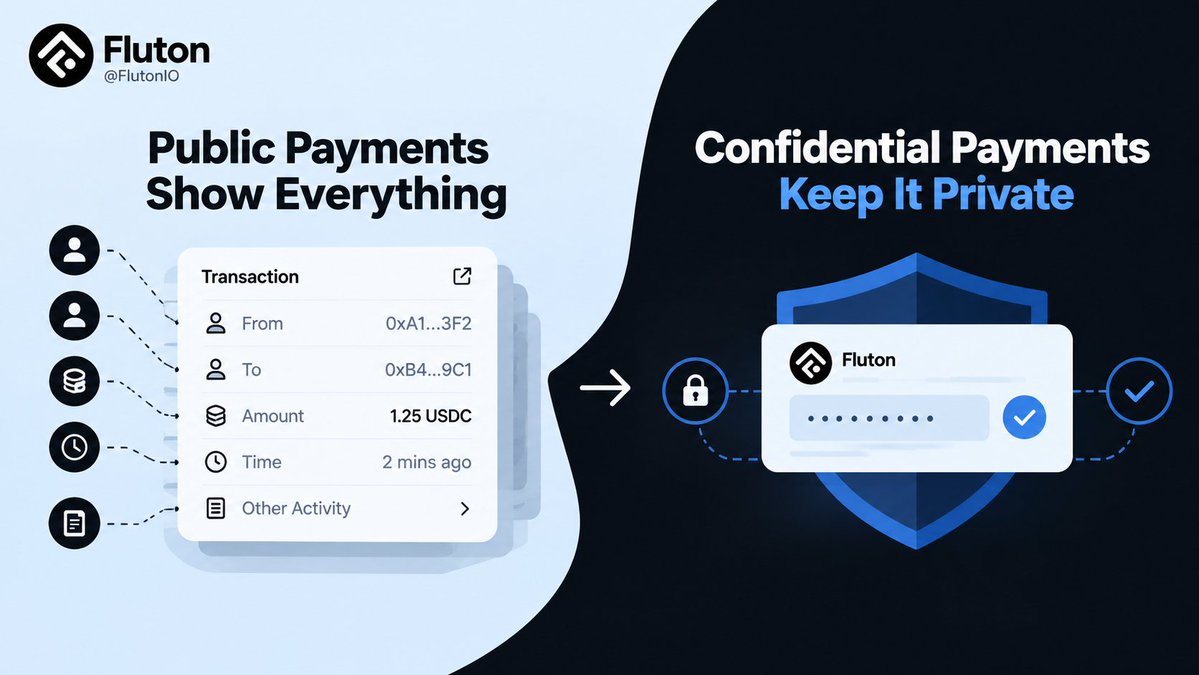 pepe_cryptx's tweet photo. Crypto payment is able to move in only a few seconds.
The content that it displays can remain visible for a much longer period of time.

Payments can reveal who sent and received them, how much, which token and when, and other activity in the wallet that paid for it on a public blockchain. These signals can be viewed by any person on the network and allow and understand what is happening.

@FlutonIO has a different way of doing payments.

Fluton provides confidential execution, which ensures payment information stays confidential during the execution process, rather than being exposed throughout.

The result is simple:
Useful financial data remains undisclosed to the public, and the payment can still be validated and implemented on-chain.

That's changing the definition of privacy in real-world cryptocurrency transactions.

@cryptoperseus_