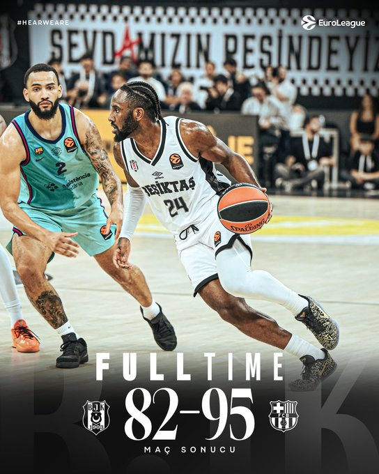 Beşiktaş player #24 in a white jersey drives past a Barcelona defender in a teal #2 jersey during a EuroLeague home game, as the final score graphic shows Beşiktaş falling 82-95 to Barcelona ("FULLTIME | MAÇ SONUCU"). The banner reading "SEVDAMIZIN RESİNDEYİZ" and the "#HEARWEARE" hashtag appear in the arena backdrop.