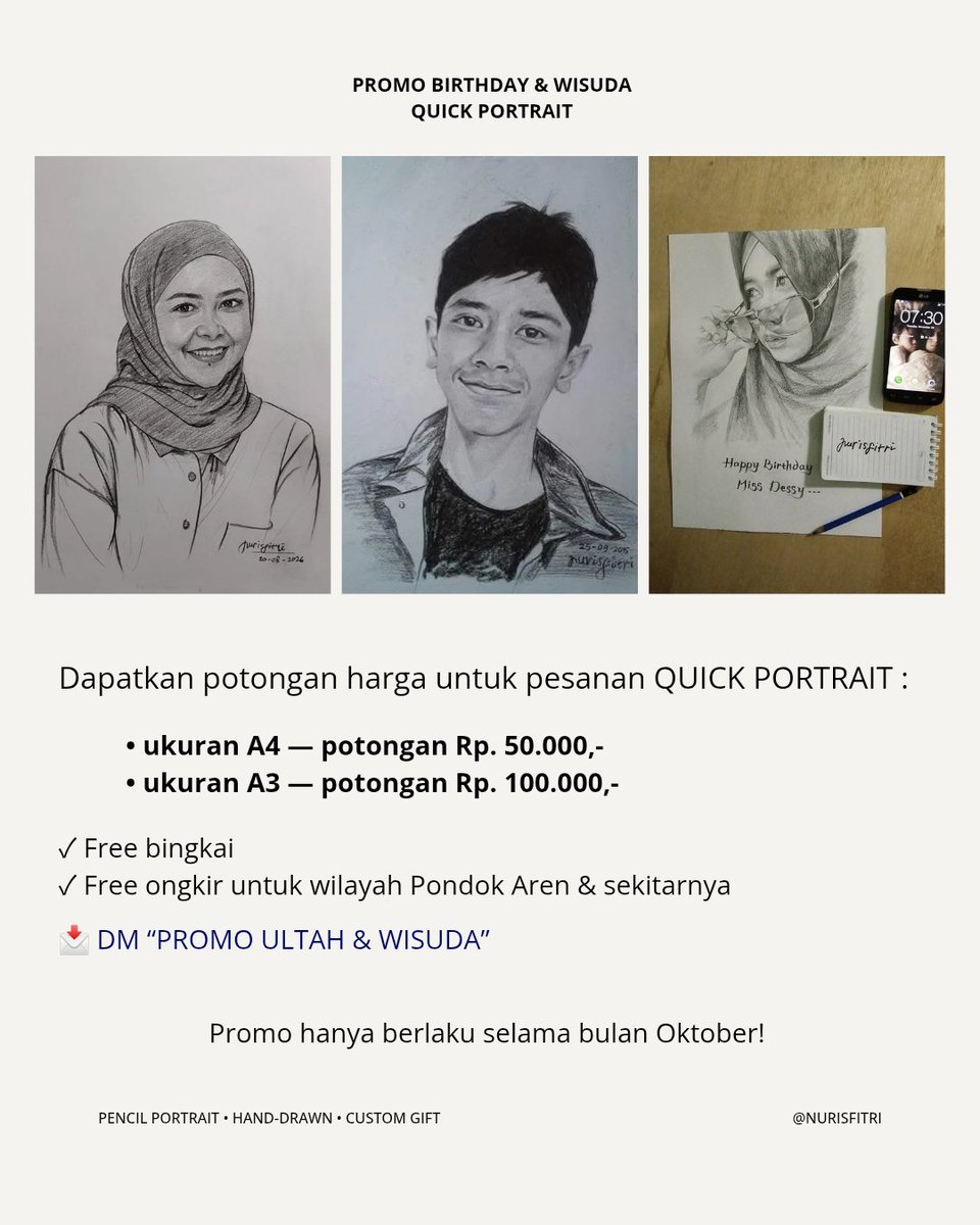 nurisfitri's tweet photo. Promo buat kamu yg lagi cari hadiah ultah dan wisuda. untuk pemesanan quick portrait, 
Harga normalnya berapa? WA/DM aja ya, ketik: "PROMO ULTAH &amp; WISUDA"

📍 Bintarojaya, Tangsel | Kirim se-Indonesia
#kadowisuda #kadoulangtahun #sketsawajah #jasalukiswajah #quickportrait https://t.co/zM9ewBIv1I