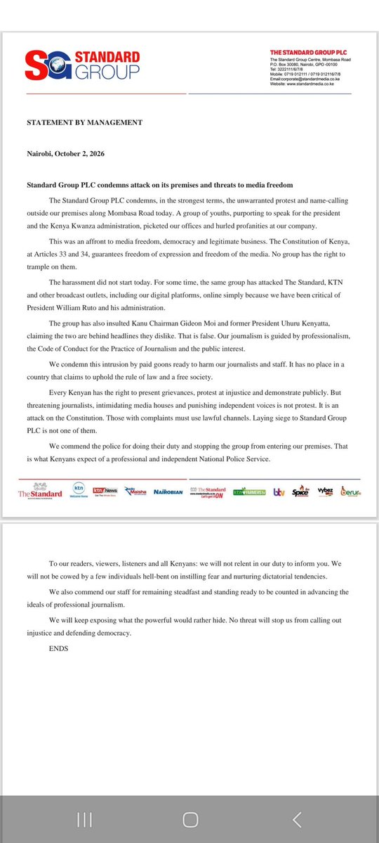 mukoya_aywah's tweet photo. STATEMENT BY @StandardKenya Standard Media Group : Condemns Attacks on its premises and threats to media freedom
#JournalismMatters
#JournalistsLivesMatters
#DefendPressFreedom
#Journalism
#WorldPressFreedom
#JournalismUnderAttack https://t.co/WYxDIdYXEf