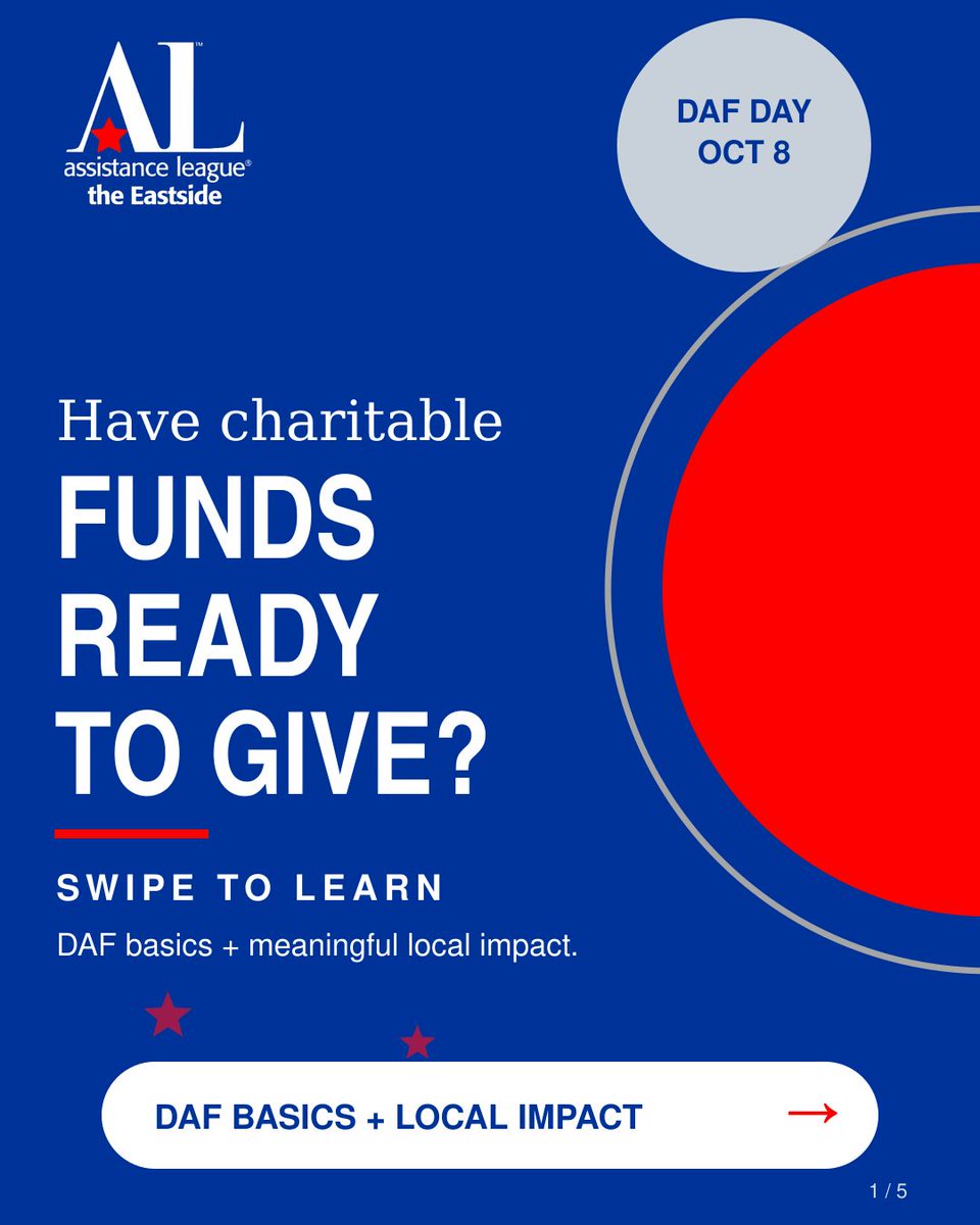 ALEastside's tweet photo. DAF Day is Oct. 8. If you have a donor-advised fund, please recommend a grant to Assistance League of the Eastside and support local students, survivors, and families. Search for Assistance League of the Eastside using EIN 91-1723025. #DAFDay #AssistanceLeagueEastside #GiveLocal https://t.co/IMVXUjzllO