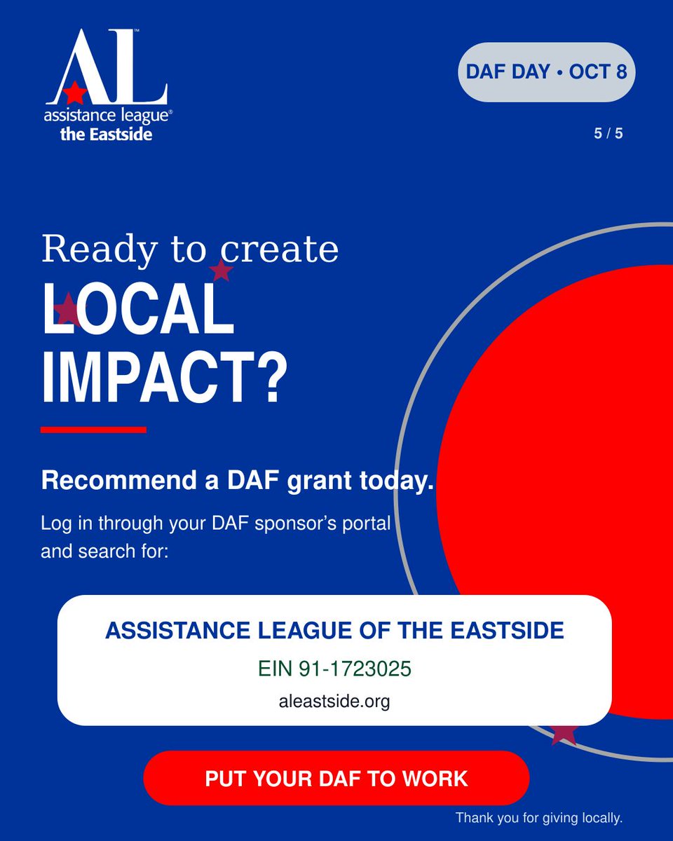 ALEastside's tweet photo. DAF Day is Oct. 8. If you have a donor-advised fund, please recommend a grant to Assistance League of the Eastside and support local students, survivors, and families. Search for Assistance League of the Eastside using EIN 91-1723025. #DAFDay #AssistanceLeagueEastside #GiveLocal https://t.co/IMVXUjzllO