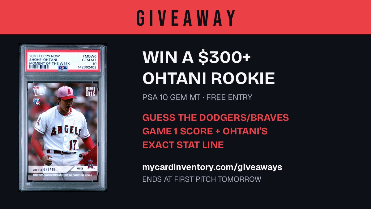 mycardinv3ntory's tweet photo. 🚨 $300+ SHOHEI OHTANI ROOKIE PSA 10 GIVEAWAY 🚨

Guess the exact Dodgers/Braves Game 1 score + Ohtani's full stat line. Get it all right and this PSA 10 rookie is yours.

Free to enter. Ends at first pitch tomorrow.

https://t.co/oVkC9swfQc https://t.co/VXUlBdJuzW