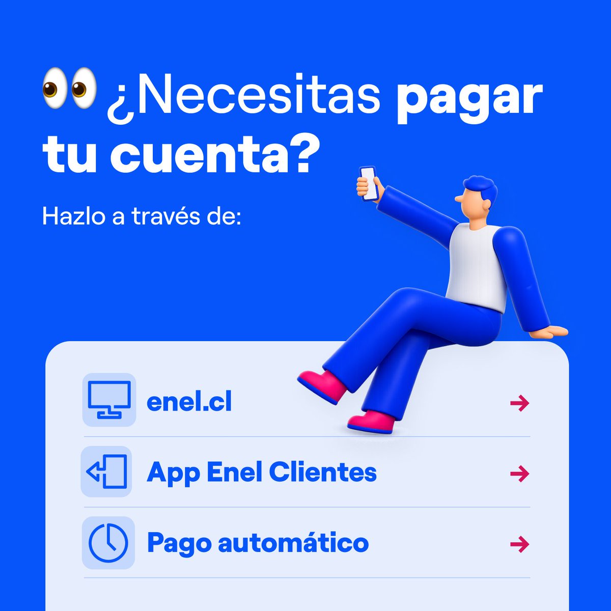 Enel_Informa_CL's tweet photo. Elige la alternativa que más te acomode para pagar tu cuenta: online, pago automático o presencial.
👉 Revisa aquí todos los medios disponibles: https://t.co/UV45J7oZOP
#EnelDistribución #MediosdePago #eneldx https://t.co/XIRzsfqmVT