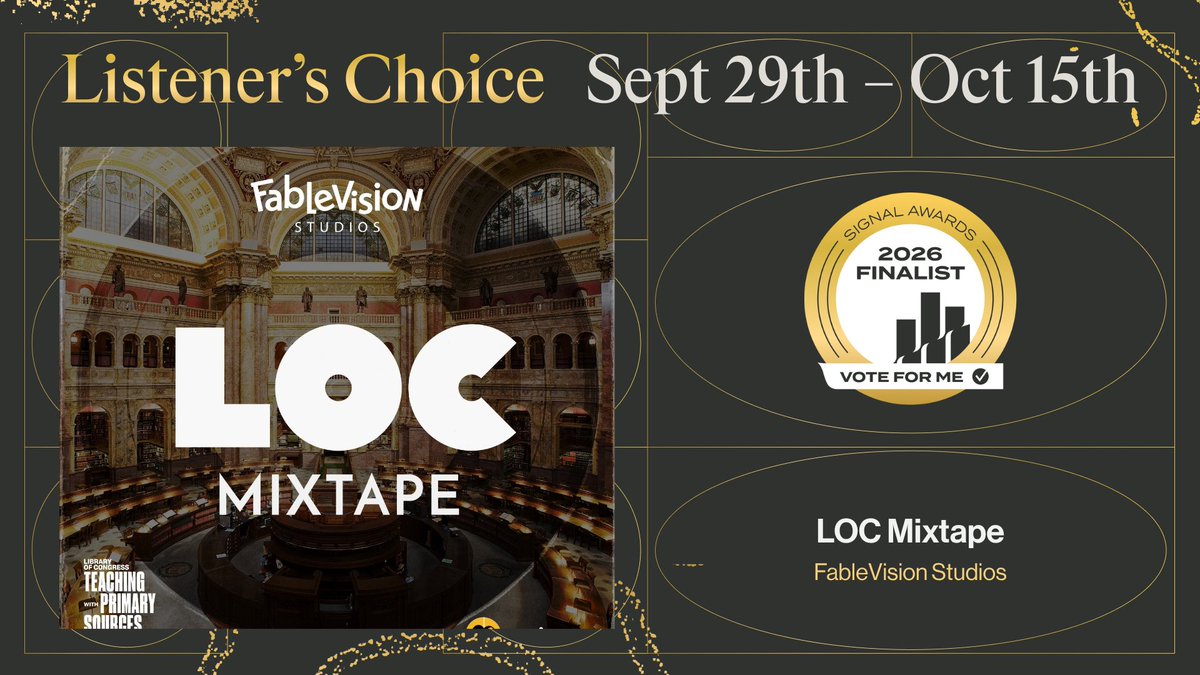 FVStudioBoston's tweet photo. FableVision is honored to announce that the audiyo-yo original podcast, "LOC Mixtape," is a finalist for a @signalawards in the Limited Series &amp; Specials Indie Podcast Category!

Please vote for “LOC Mixtape” for the Listener’s Choice Award by October 15: https://t.co/u7UK3f93LO https://t.co/9C8BctQ6fY