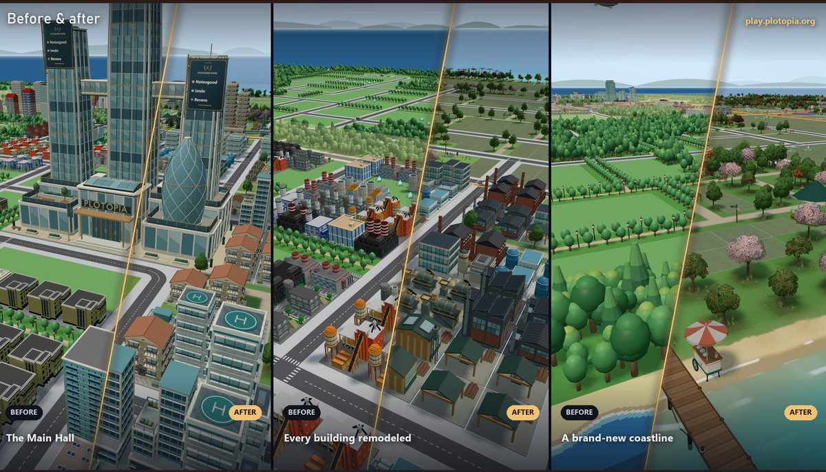 PlotopiaBuild's tweet photo. Same city. Same spot. A whole new Plotopia. 🏙️

Every building remodeled from level 1 to 7, a brand-new coastline with beaches and piers, parks, fields and countless new details.

Jump in and see your city like never before 👉 https://t.co/ibgC4R5I9k https://t.co/mgzMYHw4Ub