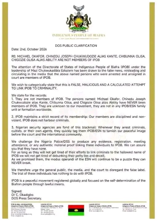 MaziCUmeh1's tweet photo. DOS PUBLIC CLARIFICATION
Date: 2nd, October 2026
RE: MICHAEL OKAFOR, CHINEDU JOSEPH CHUKWUDOZIE ALIAS KANTE, CHIBUNNA OLISA, CHIGOZIE OLISA ALIAS ABILITY ARE NOT MEMBERS OF IPOB.
#Biafrans #SupportIPOB #SupportDOS #SupportESN
#FreeBiafraNow
#chibuikembiafrachild https://t.co/Ic0a3JdS2i