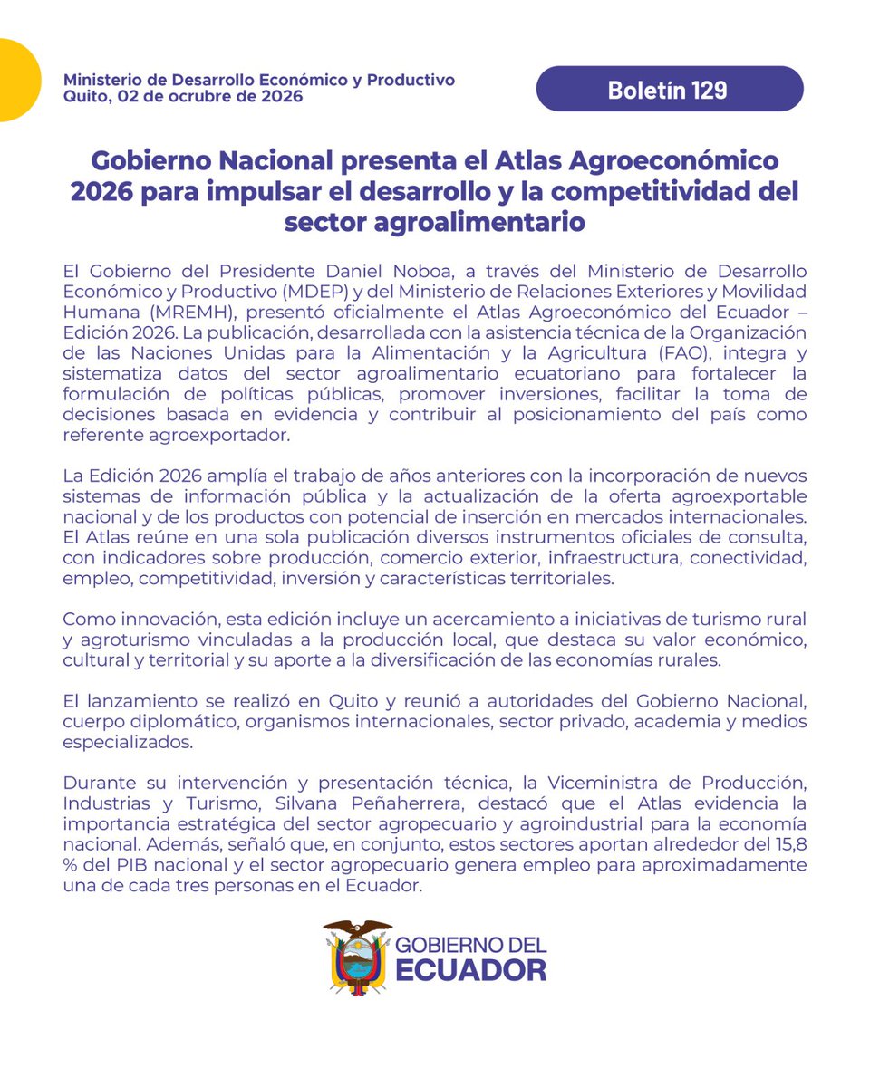 Produccion_Ecu's tweet photo. #Boletín📰 | El Gobierno del Presidente Daniel Noboa, a través del Ministerio de Desarrollo Económico y Productivo y del Ministerio de Relaciones Exteriores y Movilidad Humana @CancilleriaEc, presentó oficialmente el Atlas Agroeconómico del Ecuador🇪🇨 – Edición 2026. https://t.co/4F4ncnlLJw