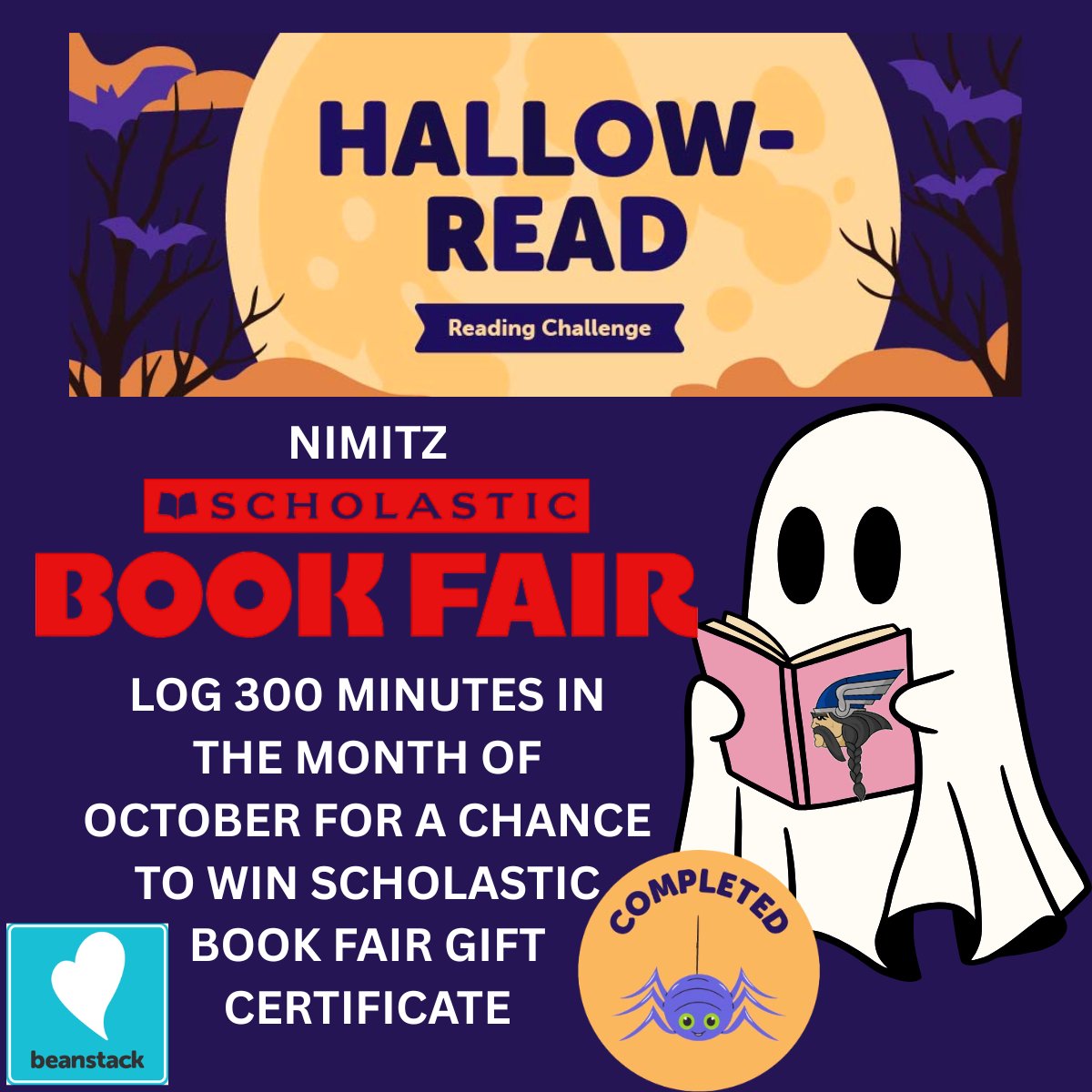 NimitzLibrary's tweet photo. @NimitzVikings log 300 minutes in @beanstackapp during the month of October for a chance to win a Scholastic Book Fair Gift Certificate https://t.co/lcol1JqspI