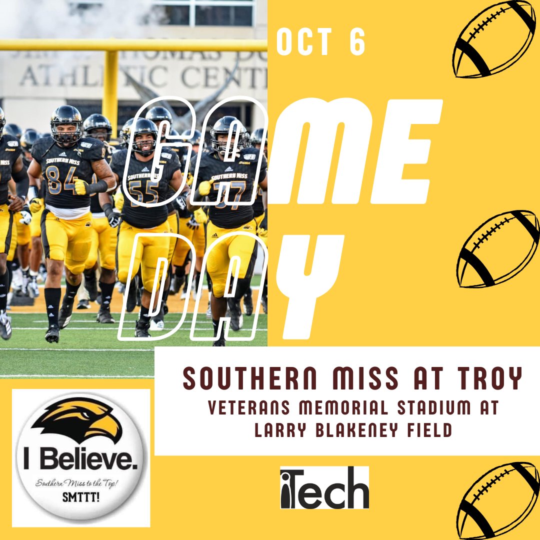 USMiTech's tweet photo. 🦅 GAME DAY • OCT. 6 🏈

The @SouthernMissFB Golden Eagles are headed to Troy. 

We Believe. We Cheer. We Win Together. 

💛 #SMTTT #SouthernMiss https://t.co/14NdgJsLtu