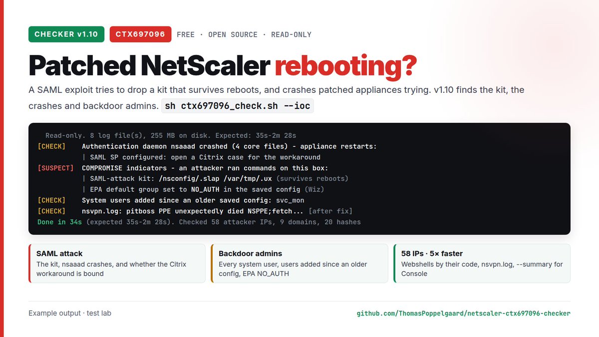 _POPPELGAARD's tweet photo. Patched NetScalers rebooting today: a SAML exploit tries to drop a persistent kit and crashes them trying. Using SAML? Call Citrix for the workaround.
Free checker v1.10 finds the kit, the crashes, backdoor admins, 58 IPs:
https://t.co/fGlD4MZeiI
#NetScaler https://t.co/BaJB42a01p
