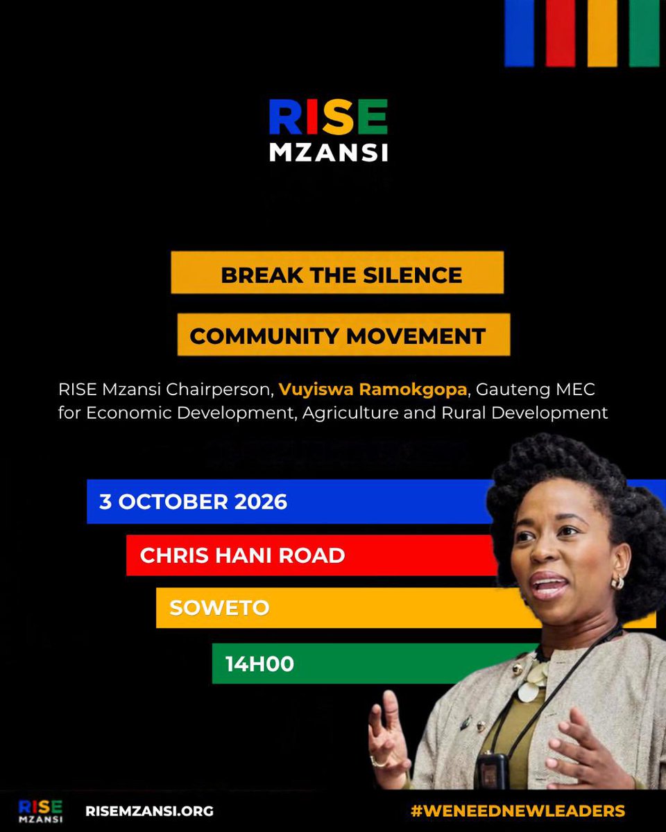 Rise_Mzansi's tweet photo. As the country continues to grapple with GBVF, RISE Mzansi National Chairperson Vuyiswa Ramokgopa will join the Break the Silence Community Movement in Soweto.
The movement brings communities together to speak up, raise awareness and take action against gender-based violence and femicide. 
#RISEMzansi #BreakTheSilence #GBVF #SafeCommunities #WeNeedNewLeaders #RiseLGE2026 @VuyiswaRamokgop