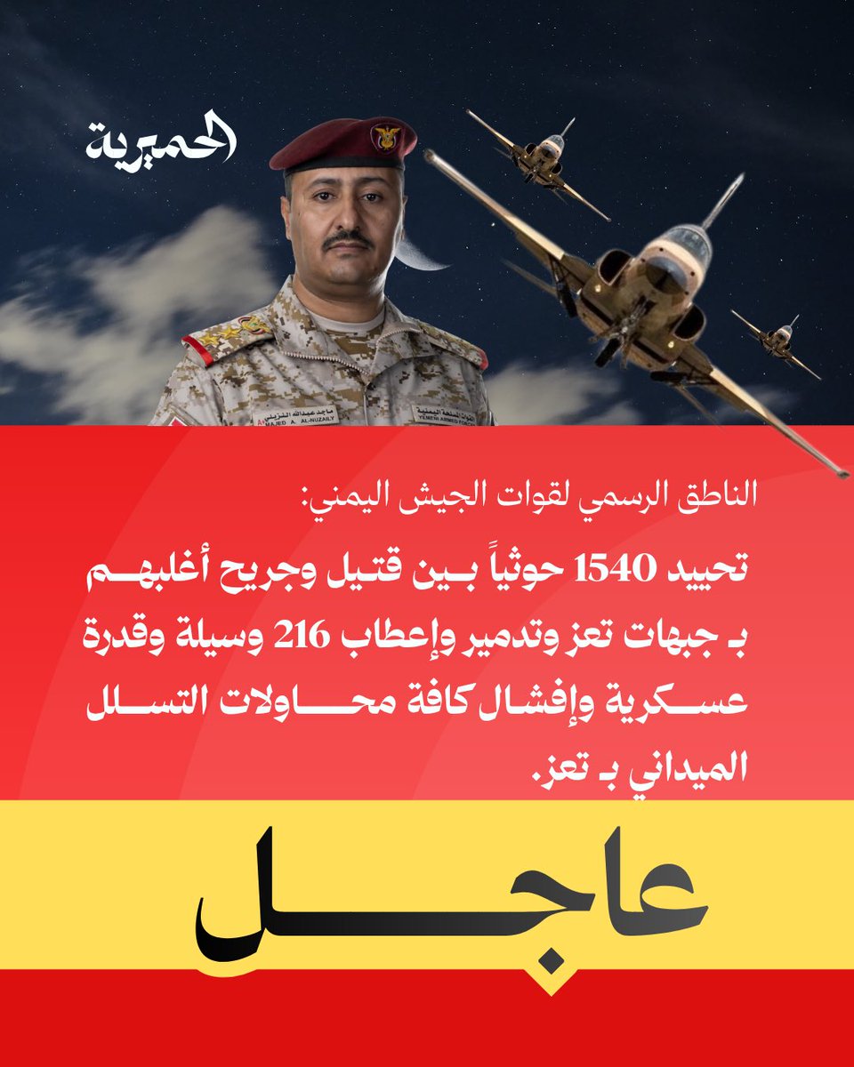 AlHimyariyah's tweet photo. #عاجل | القوات المسلحة: تحييد 1540 حوثياً بين قتيل وجريح أغلبهم بـ جبهات #تعز وتدمير وإعطاب 216 وسيلة وقدرة عسكرية وإفشال كافة محاولات التسلل الميداني بـ تعز.

#الحميرية https://t.co/x5MXEsLPaG