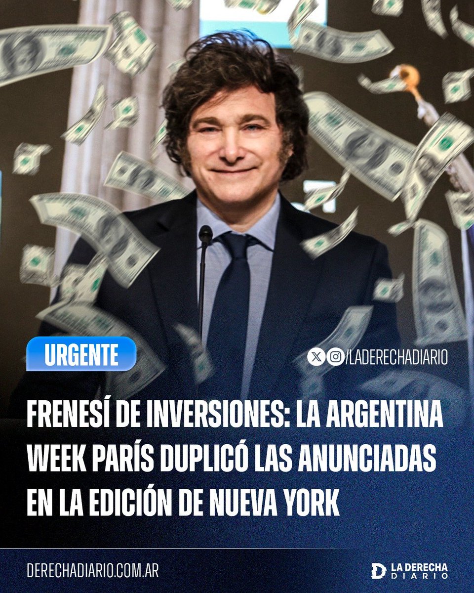 laderechadiario's tweet photo. 🚨🇦🇷🇫🇷🇺🇸 | FRENESÍ DE INVERSIONES: LA ARGENTINA WEEK PARÍS DUPLICÓ LAS ANUNCIADAS EN LA EDICIÓN DE NUEVA YORK

La Argentina Week de París dejó compromisos por USD 27.000 millones para proyectos que se desarrollarán en distintas provincias del país. El grueso del capital estará destinado a petróleo, gas, minería y energía, con iniciativas de largo plazo bajo el RIGI y desembolsos directos.

TotalEnergies, Pluspetrol, Glencore, Pan American Energy, SNF y Eramet concentraron algunos de los anuncios más importantes. También se confirmó que Hitachi instalará su hub regional en la Argentina y prevé incorporar 2.000 trabajadores.

El volumen anunciado en Francia duplicó al registrado durante la edición anterior de Argentina Week en Nueva York, consolidando a París como la edición con mayor monto de inversiones anunciado hasta el momento.