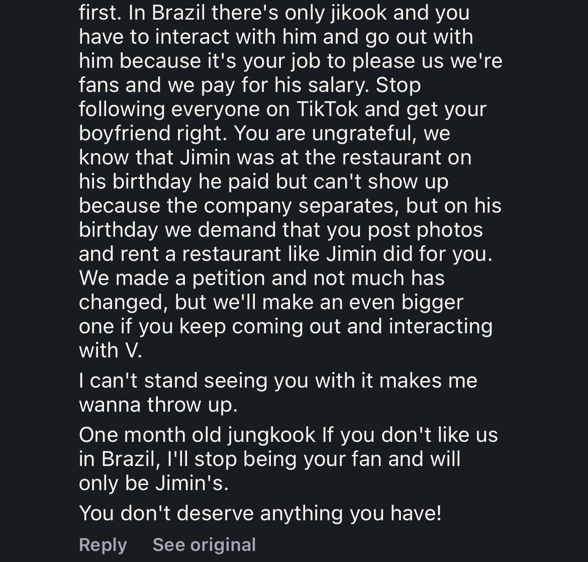 guktaeverse's tweet photo. This is how you know jokers dgaf about jk outside of their ship.  He can't even be himself without them demanding him acknowledging mimi . This long ahh rant just bcus jk dgaf of their favs tt mind you 😭 and now Tae and jk are the villains and mimi is the victim as always 😭 https://t.co/BkfFtNfuU8