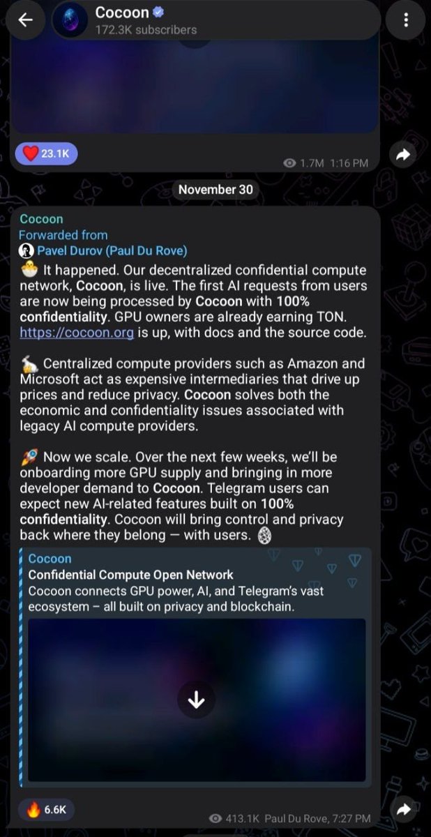mickystonezton's tweet photo. Cocoon is not dead; it's only waiting for demand, and Pavel Durov is not abandoning the Cocoon network.

Cocoon's problem right now is a demand problem, not just a supply problem. For Cocoon to gain mass adoption and attract more GPU supply, it needs a killer intelligence layer🧵 https://t.co/D1zHvMRZBq