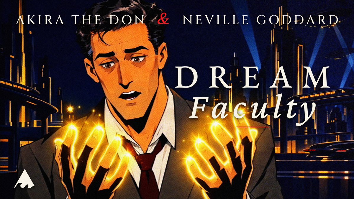 An illustrated graphic features a man with glowing golden hands against a nighttime cityscape, with the text 'AKIRA THE DON & NEVILLE GODDARD' at the top and 'DREAM Faculty' on the right.