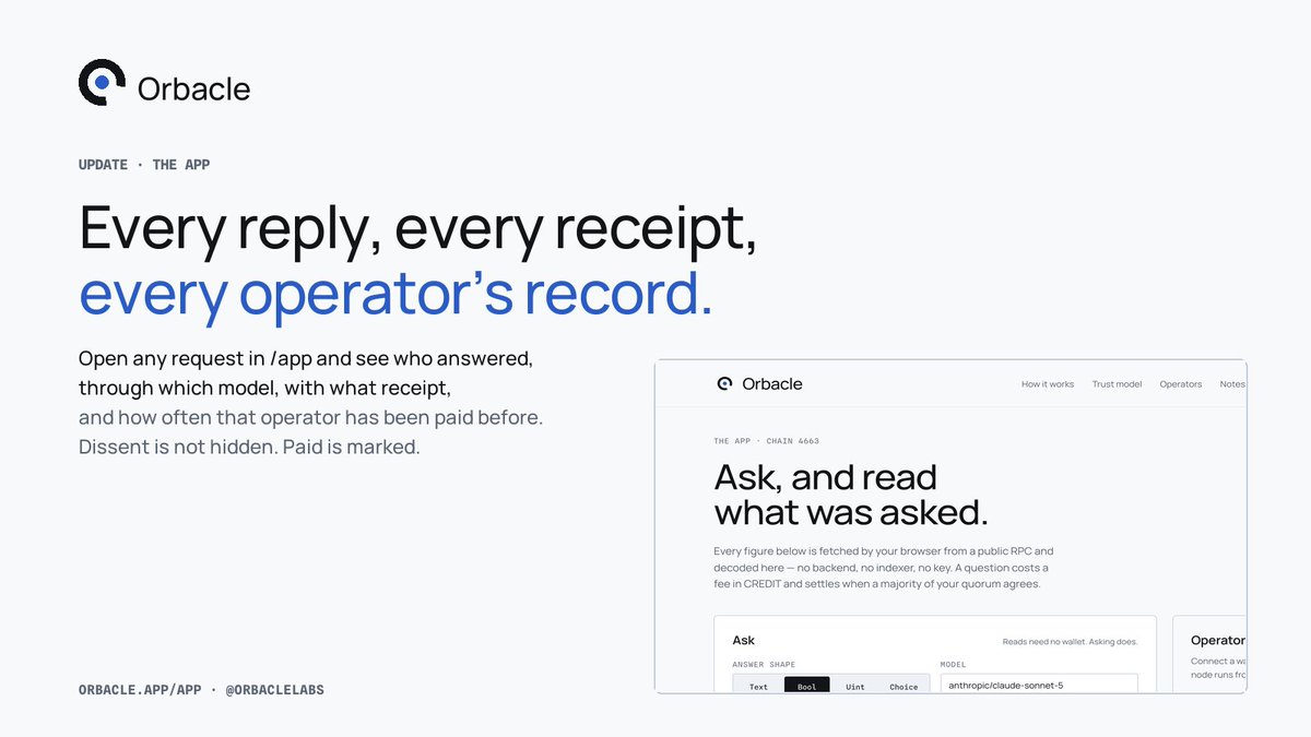 OrbacleLabs's tweet photo. Just deployed: every reply, every receipt, every operator's record.

Open any request in the app and see who answered, through which model, with what receipt, and how often that operator has been paid before. Dissent is not hidden. Paid is marked.

https://t.co/XHLXXIB2BX https://t.co/zvBobCqpKo