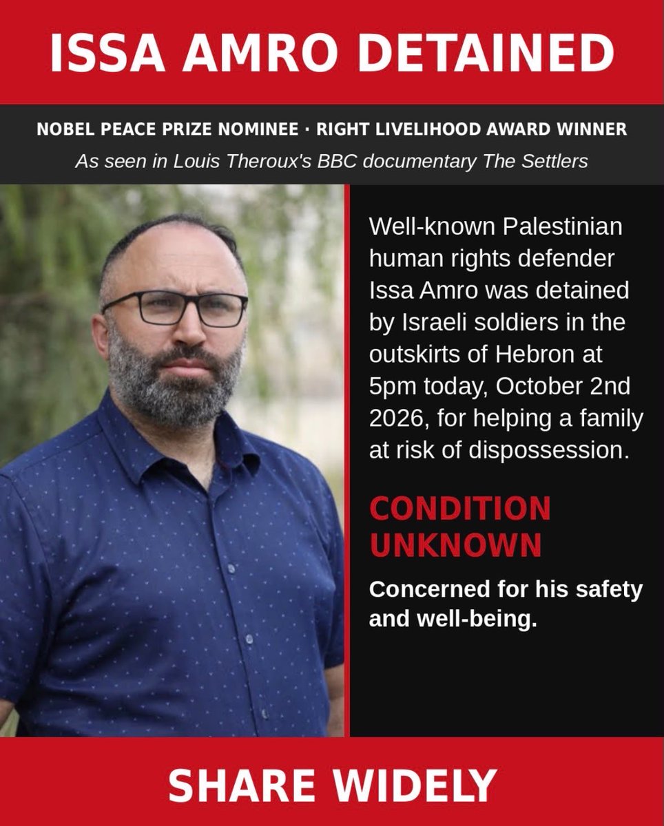 andrewfeinstein's tweet photo. This is very worrying. Issa Amro has been detained by the IDF for helping a family at risk of dispossession https://t.co/8ne10u8RBu
