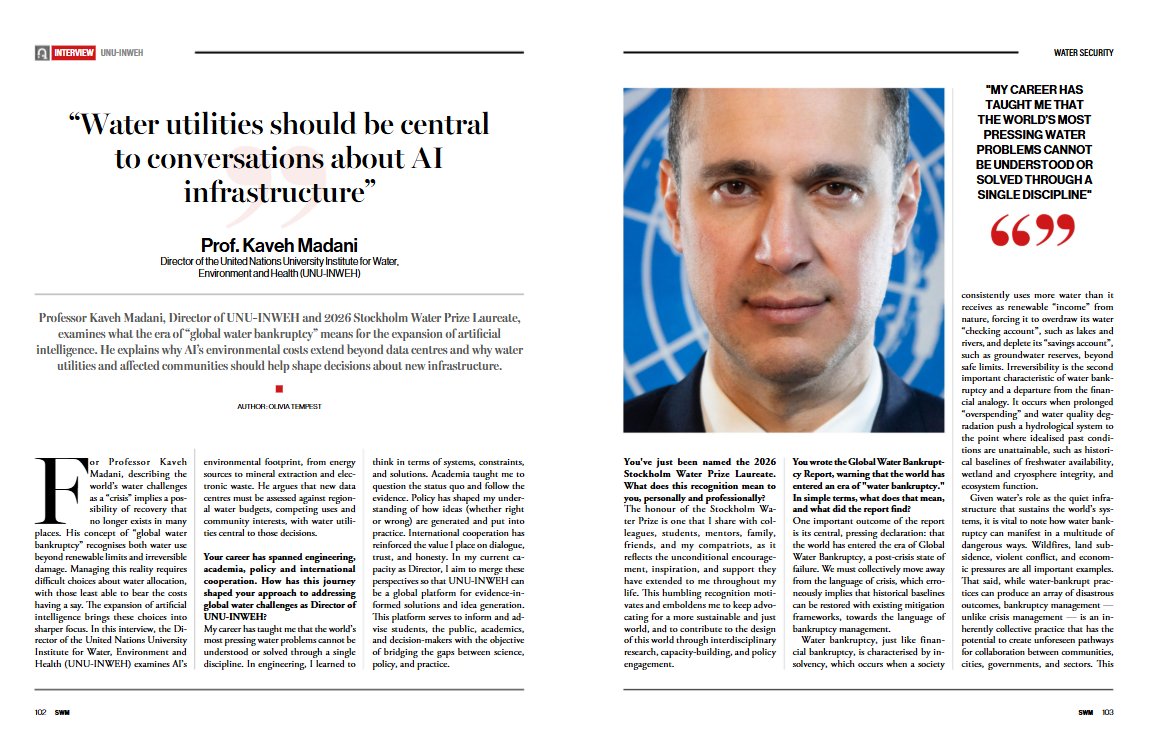 UNUINWEH's tweet photo. UNU-INWEH Director Prof. Kaveh Madani is featured in the latest issue of Smart Water Magazine, exploring the growing water demands of AI and the need to account for the environmental costs of an increasingly digital world. 

Read more: https://t.co/FORVZrKwgT https://t.co/WJrHOZIlV2