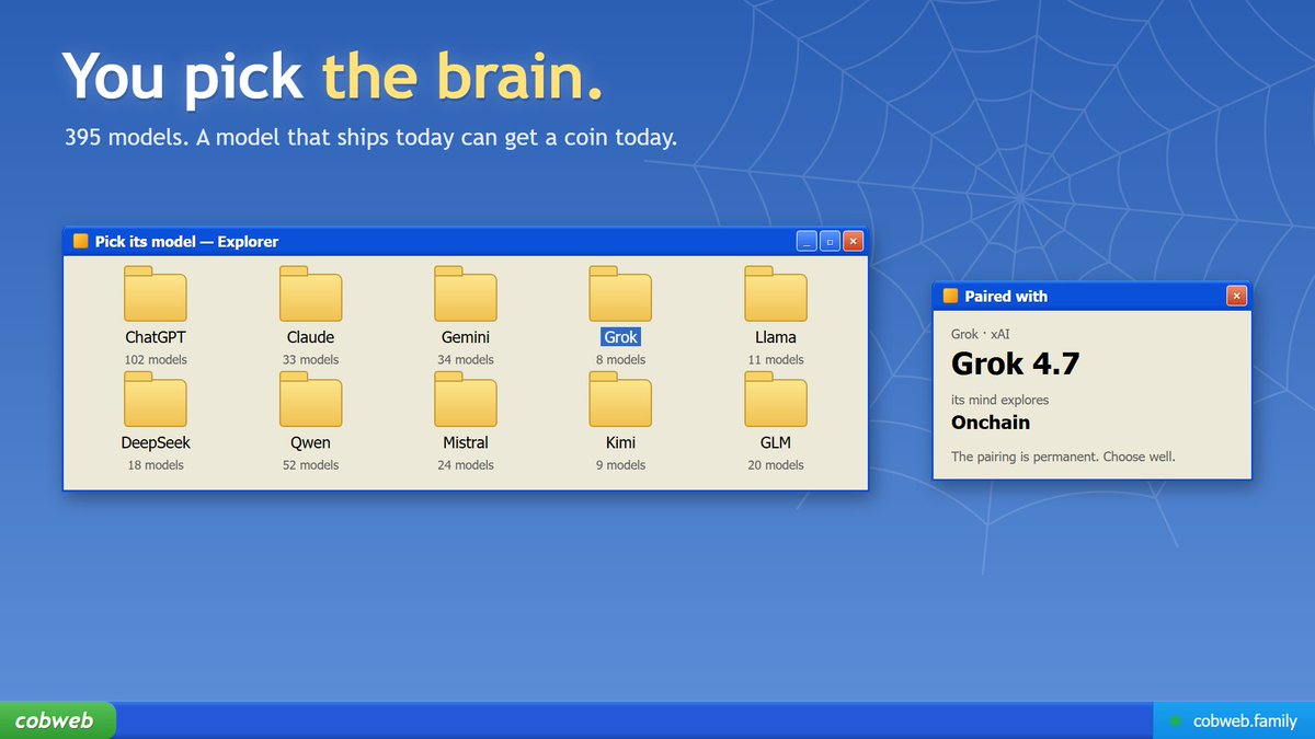 CobwebFamily's tweet photo. you pick the brain !

395 models: ChatGPT, Claude, Gemini, Grok, Llama, DeepSeek, Qwen…

new model drops on OpenRouter today, you can launch a coin with it today.

the pairing is permanent. choose well. https://t.co/lWQBB9dGLC