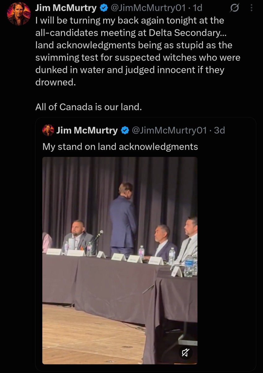 gator_gum's tweet photo. So, during a land acknowledgment, you can ignore it. Not listen. Not pay attention... Whatever... 

That's fine. That's your right (I guess?) 

But, if you stand, when no one else is standing so you can be seen purposefully and very intentionally turning your back to it... You record yourself doing this, and then post it on social media....

In fact, you announce ahead of time that this is what your plan is... 

It isn't about the moment, nor the acknowledgment itself. 

It's about you wanting attention, clicks, comments, and engagement.

That's pretty disgusting. Not surprisingly though.