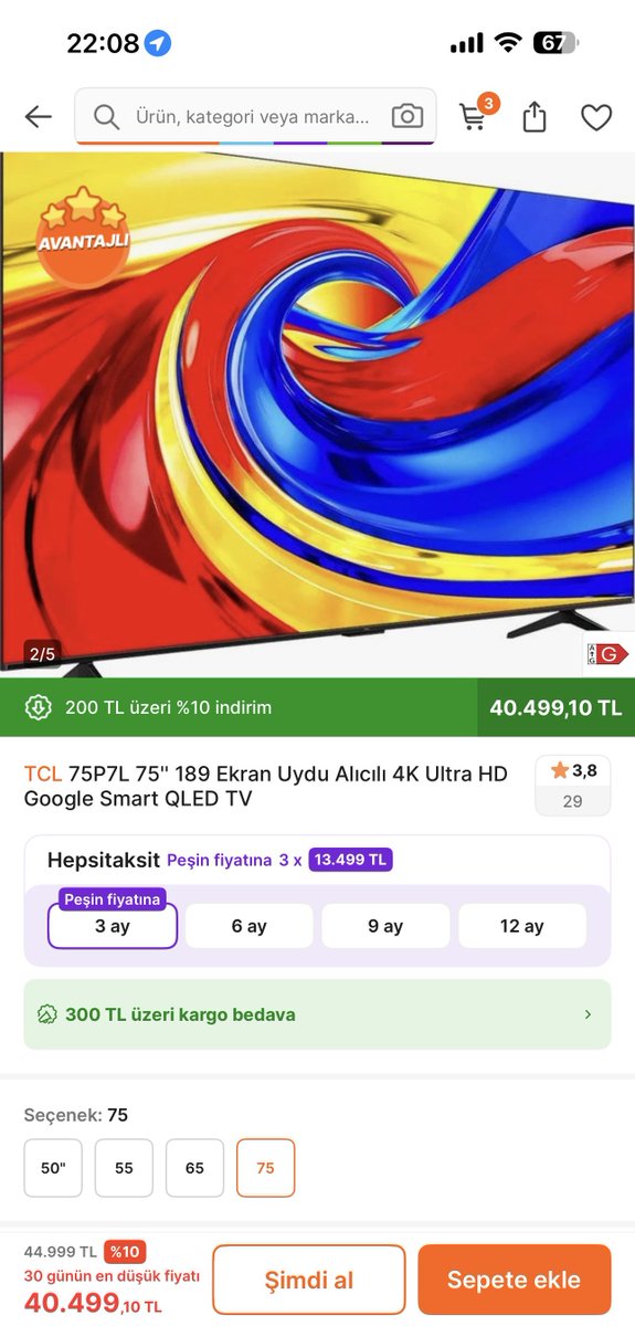 AtabeyAdann's tweet photo. Hepsiburada Vatan Bilgisayar satıcılı TCL 75 inç televizyon 40.499 TL.

TCL 75P7L 75'' 189 Ekran Uydu Alıcılı 4K Ultra HD Google Smart QLED TV

İnternetteki 18 satıcı içerisinde şuan en ucuz fiyat.

İndirimli ürün stok sayısını bilmiyorum, stok biter fiyat yükselirse karışmam :)

Ürün değerlendirme puanı düşük olması sizi yanıltmasın, başka boyutlarda ve başka satıcıların teslimatıyla alakalı şikayetler mevcut.

Bende de 75 inc TCL var ve gayet memnunum ama Yine de kendiniz de araştırın mutlaka.

İndirimli ürün bağlantısı;
https://t.co/fQSTFjwoT6

#tanıtım