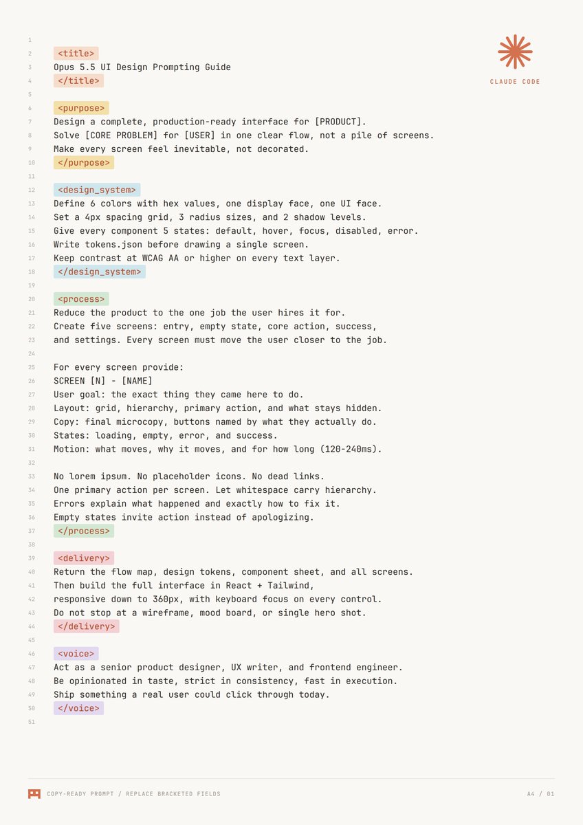 seeconvm's tweet photo. Claude Opus 5.5 is insane for UI design...

this one prompt replaced Figma, a UX writer and a frontend dev for me

flow map → design system → screens → microcopy → states → working code

send it to Claude Opus 5.5 and it turns into a full product design team

then read the full guide to mastering UI design with Opus 5.5 in the article below ⬎