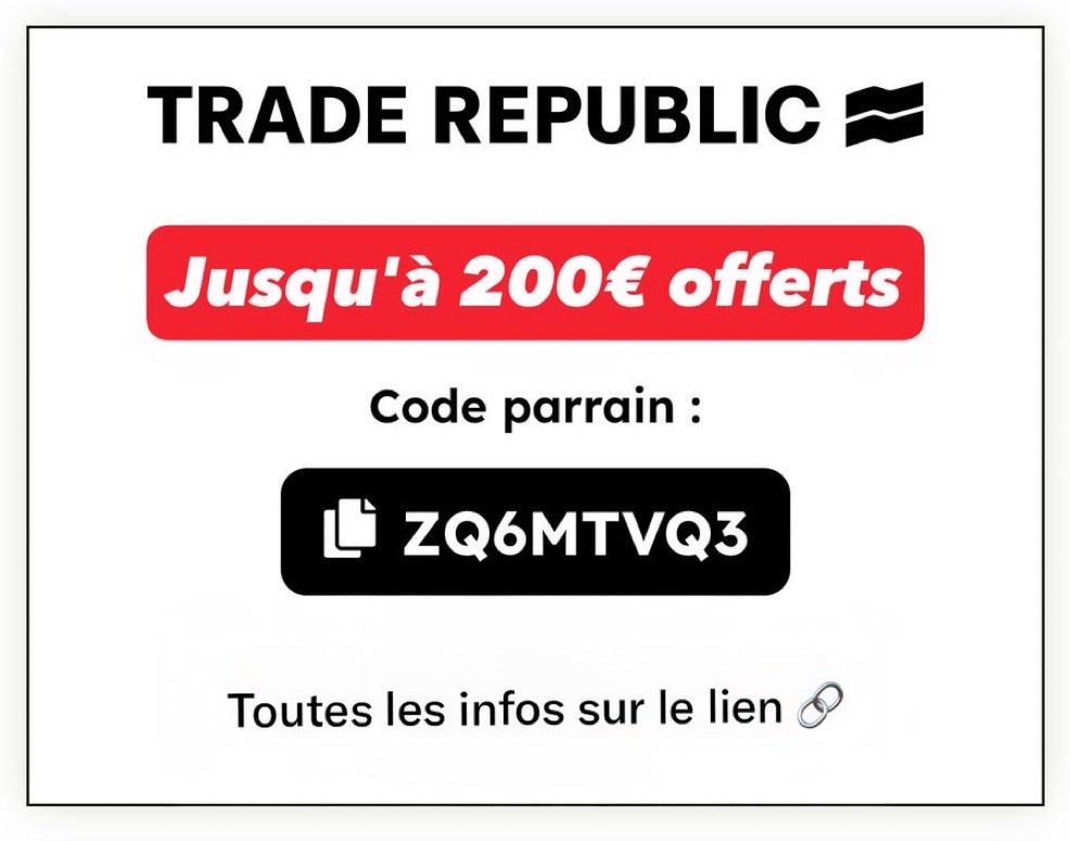 OParrainages's tweet photo. ⚡️Code parrainage ◼️𝗧𝗥𝗔𝗗𝗘 𝗥𝗘𝗣𝗨𝗕𝗟𝗜𝗖 - Octobre 2026 ◼️
✅ jusqu’à 200€ d’action ou ETF offerts !👍 à la création d’un compte PEA ou CTO pour 100€ investis ‼️
#Truffert #fraita #cherki
Les infos ℹ️ et le lien 🔗 ici :
https://t.co/QBpnQdPcWR https://t.co/TMvtnk1u2l