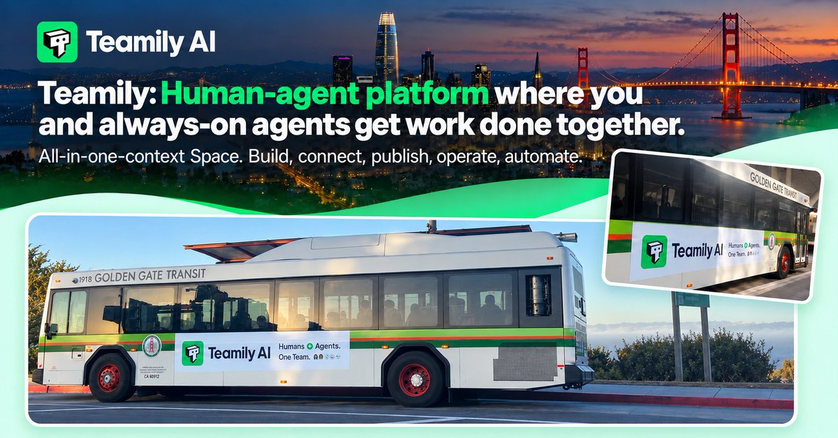 Teamily_AI's tweet photo. 🚀 SF Tech Week starts next week, and Teamily is already moving across San Francisco on 130 buses.

The message on those buses goes to the heart of what we believe:
Humans + Agents. One Team.

Teamily is built for a world where agents don’t sit in a separate tab. They work inside the same conversations, context, data, and workflows as your team.

They can build and operate websites, apps, docs, decks, videos, dashboards, and other live assets; 
connect to your business data and tools; 
engage customers across channels; 
and keep recurring work moving through Agentic Loops.

This is Human + Agent Intelligence: shared context, Living Memory, and execution in one workspace.

Spot a Teamily bus in SF? Take a photo and tag us.
https://t.co/5sUcWfNLn0
#SFTechWeek #AIAgents #Teamily