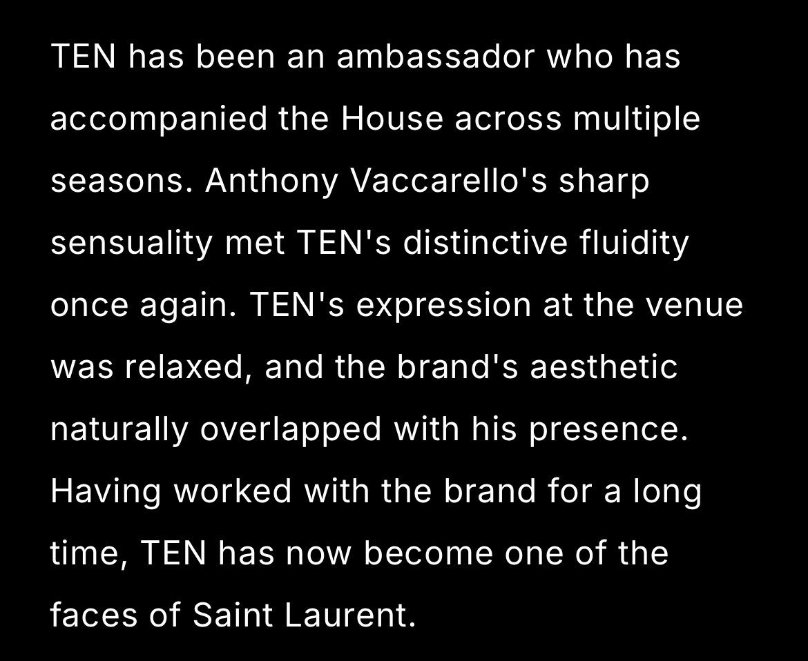 10velyleeten's tweet photo. แต่ให้ที่สุดเลย ประโยค “TEN has now become one of the faces of Saint Laurent.” อะ แบรนด์ดำดับมั่นพวกที่บอกเตนไม่เหมาะกับแบรนด์ เตนไม่ใช่ภาพจำแบรนด์ได้ทุกตัวจริงๆ ไม่ว่าจะเป็นตั้งแต่ 4 ปีที่แล้วหรือตลอดเวลาที่ผ่านมาจนตอนนี้ พี่เลือก พี่จิ้ม พี่ชุส แล้วเตนจะไม่ใช่ภาพจำแบรนด์ได้ไง เป็นไงล่ะมึง มันออกมาตอกย้ำมึงเน้นๆ เลยมั้ย สมน้ำหน้า 😜