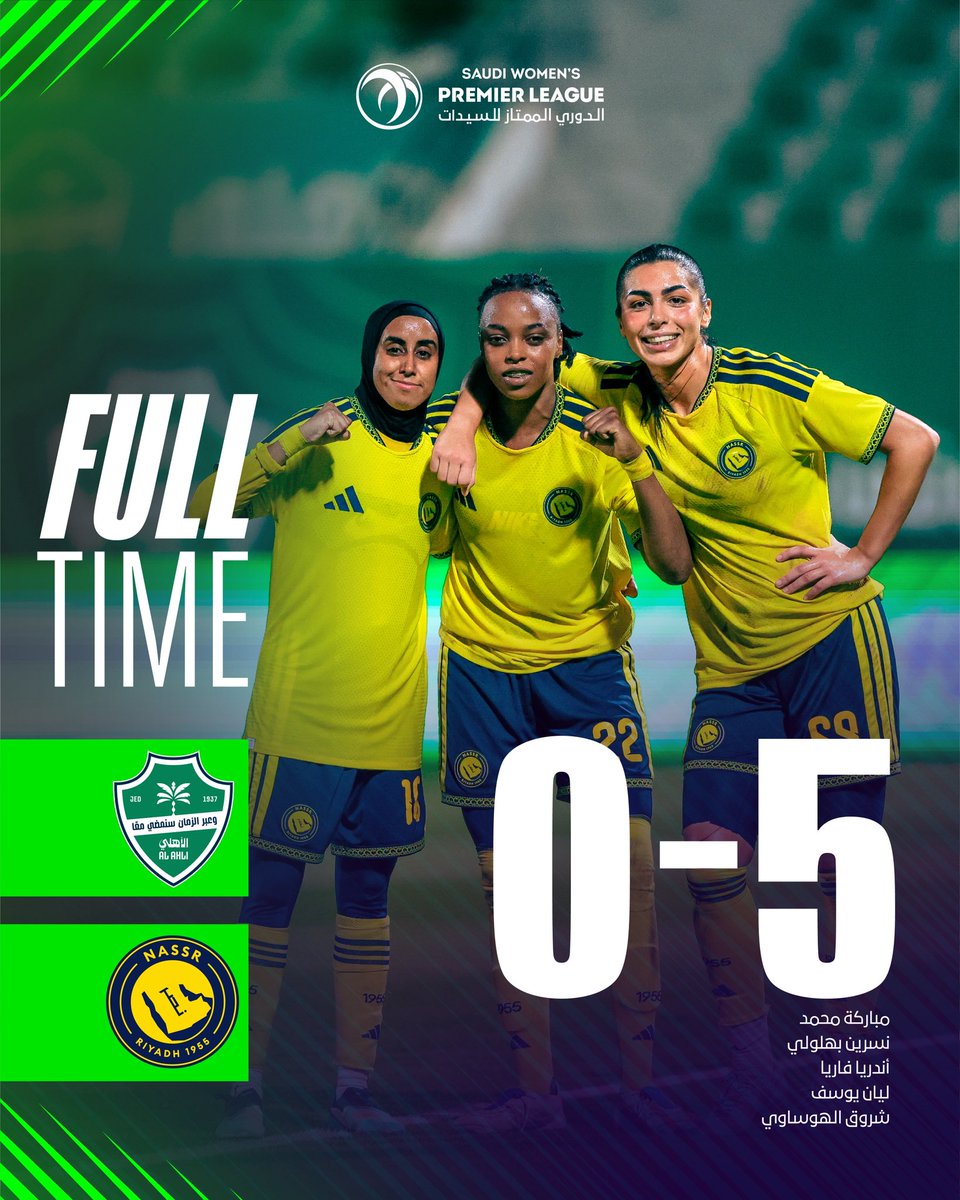 Saudi_WPL's tweet photo. ⏱ نـهـايـة الـمـبـاراة! 🔚

الأهلي 0 ➖ 5 النصر

#الدوري_الممتاز_للسيدات | #دورينا_لعبتنا https://t.co/MVxxbyxMxN