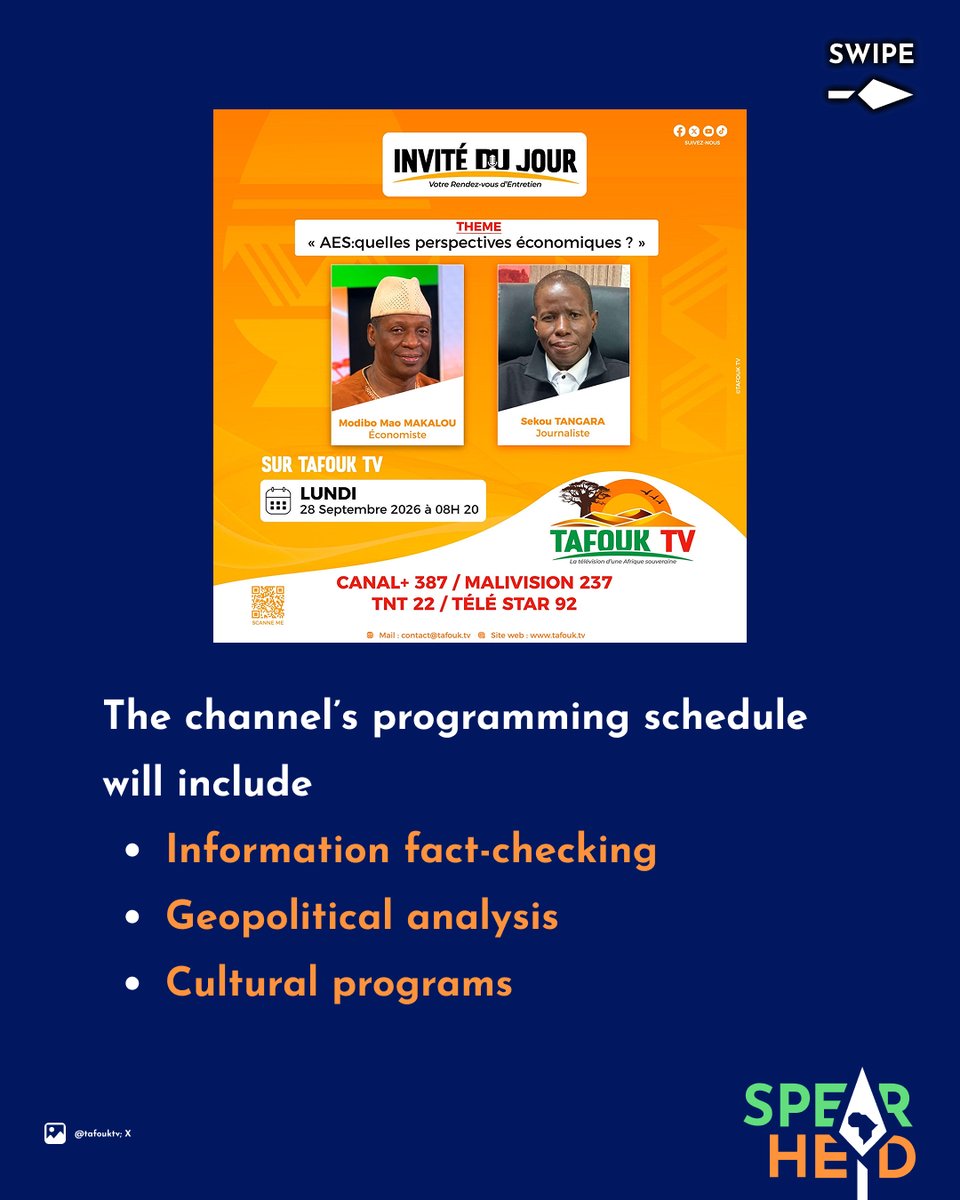 Spearhead_Af's tweet photo. AES Launches Tafouk TV To Combat Western Disinformation

In another win for Africa's information space, and another loss for Western media, the Alliance of Sahel States (AES) has launched its regional television channel, Tafouk TV. The channel will share pro-African, on-the-ground perspectives on events in the Sahel, and counter the Western narratives that have turned Africans against their own interests for decades.

It will come as no surprise that Western and Western-aligned media are already hard at work, using every tired old smear tactic in the book to delegitimize this historic development.