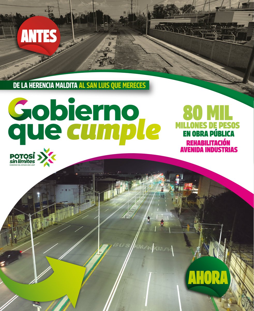 IRCSLP's tweet photo. De la herencia maldita al San Luis que mereces, 80 mil millones de pesos en obra pública rehabilitando la avenida industrias. 

#RicardoGallardo
#PotosíSinLímites
#ElCambioQueSeVive https://t.co/wrgVn7Y9F6