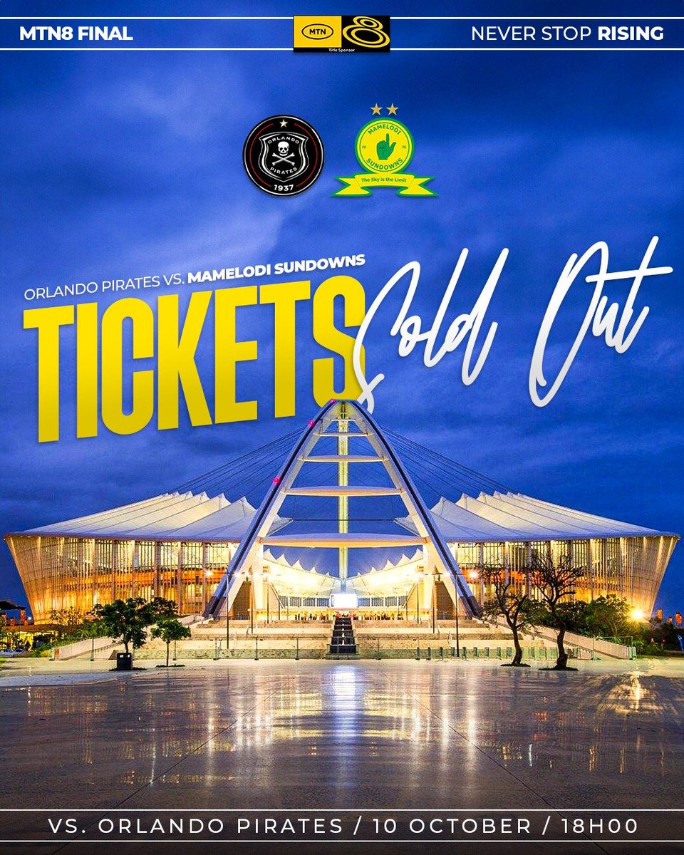 Masandawana's tweet photo. 𝙏𝙃𝙀 𝙈𝙏𝙉 8️⃣ 𝙁𝙄𝙉𝘼𝙇 𝙄𝙎 𝙎𝙊𝙇𝘿 𝙊𝙐𝙏! 🚨🏆

It's a sold out affair in Durban! Moses Mabhida awaits a sea of yellow as we come together for the #MTN8 Final🔥

#Sundowns #NeverStopRising https://t.co/hjp3VTyIaW
