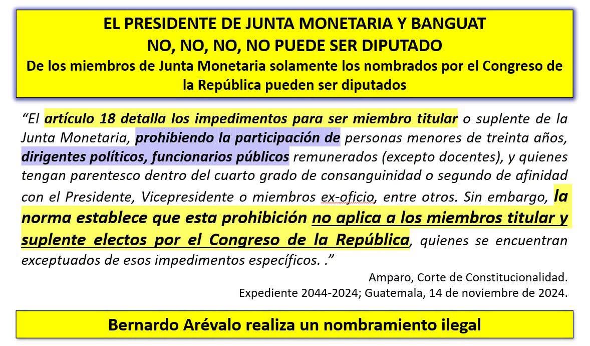 CEDEguate's tweet photo. ¡ALERTA! LAS ACTUACIONES ILEGALES DE MENKOS Y ARÉVALO PONEN EN GRAVE RIESGO LA ESTABILIDAD ECONÓMICA, FINANCIERA, BANCARIA Y MONETARIA DE LA REPÚBLICA DE GUATEMALA.

PARTE V: 
LA CORTE DE CONSTITUCIONALIDAD TIENE FÁCIL OTORGAR EL AMPARO EN CONTRA DE LA ARBITRARIEDAD DE ARÉVALO: SOLO APLICA LA INTERPRETACIÓN DE 2024. 

Ya explicamos los vicios insubsanables, impedimentos e incompatibilidades por las que el diputado Menkos no podía ser nombrado al cargo de presidente del Banguat, lo hicimos a tiempo para orientarlos, pero no hacen caso y se complicaron con el acto de tomar posesión, ahora las consecuencias son penales.

DÉCIMO TERCERO: LOS ÚNICOS MIEMBROS DE JUNTA MONETARIA QUE PUEDEN SER DIPUTADOS SON LOS ELECTOS POR EL CONGRESO DE LA REPÚBLICA, EL PRESIDENTE DE BANGUAT NO PUEDE SER DIPUTADO.
El Tribunal Constitucional estableció claramente la interpretación de los artículos 132 constitucional y 18 de la Ley Orgánica del Banco de Guatemala y deja claro que solamente los electos por el Congreso de la República pueden ser diputados, por consiguiente, EL PRESIDENTE DE JUNTA MONETARIA Y DEL BANGUAT NO, NO, NO PUEDE SER UN DIPUTADO:
“El artículo 18 detalla los impedimentos para ser miembro titular o suplente de la Junta Monetaria, prohibiendo la participación de personas menores de treinta años, dirigentes políticos, funcionarios públicos remunerados (excepto docentes), y quienes tengan parentesco dentro del cuarto grado de consanguinidad o segundo de afinidad con el Presidente, Vicepresidente o miembros ex-oficio, entre otros. Sin embargo, la norma establece que esta prohibición no aplica a los miembros titular y suplente electos por el Congreso de la República, quienes se encuentran exceptuados de esos impedimentos específicos.” Amparo, Corte de Constitucionalidad. Expediente 2044-2024; Guatemala, 14 de noviembre de 2024. 
Por lo tanto, el nombramiento que realizó Bernardo Arévalo es arbitrario y que tomara posesión el diputado Menkos como presidente del Banguat y Junta Monetaria convierten la situación en ilícita.

DÉCIMO CUARTO: EL DIPUTADO MENKOS CARECE DE TÍTULO UNIVERSITARIO CONFORME A LA CONSTITUCIÓN, POR LO QUE NO PUEDE COMPROBARSE LA NOTORIA PREPARACIÓN; POR LO TANTO, NO CUMPLE CON EL REQUISITO DE LEY (ES UN NOMBRAMIENTO ILEGAL).
La expresión "notoria preparación" se refiere a contar con formación, capacitación y aptitudes que son evidentes, sobresalientes, pero DEMOSTRABLES, y eso se realiza con el título universitario que tenga validez en la República de Guatemala.

La CPRG establece claramente que:
“Artículo 87.—Reconocimiento de grados, títulos, diplomas e incorporaciones. Sólo serán reconocidos en Guatemala, los grados, títulos y diplomas otorgados por las universidades legalmente autorizadas y organizadas para funcionar en el país, salvo lo dispuesto por tratados internacionales.”

Pero ¿qué pasa si un guatemalteco estudió en el extranjero? En este caso, el artículo citado establece que será la Universidad de San Carlos de Guatemala “la única facultada para resolver la incorporación de profesionales egresados de universidades extranjeras…”.

La obligación de que el presidente del Banguat cuente con notoria y comprobable preparación, es confirmada por el Tribunal Constitucional:
“La importancia de esta institución para la estabilidad económica del país exige que los miembros de la Junta sean personas de reconocida honorabilidad y notoria preparación y competencia en materia económica y financiera, tal como lo regula el mencionado artículo 132.” Amparo, Corte de Constitucionalidad. Expediente 2044-2024; Guatemala, 14 de noviembre de 2024. 

Es un privilegio y gran oportunidad estudiar en el extranjero, pero el título obtenido no tiene valor en Guatemala al no ser incorporado, por eso, a Bernardo Arévalo NO le pagan en su salario el bono profesional, porque para la legislación guatemalteca es un bachiller (nunca incorporó sus estudios). 

Hilo ⬇️