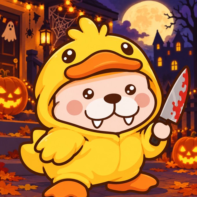 A cute cartoon character in a yellow duck costume with vampire fangs holds a bloodied knife in front of a spooky haunted house with jack-o'-lanterns and a full moon.