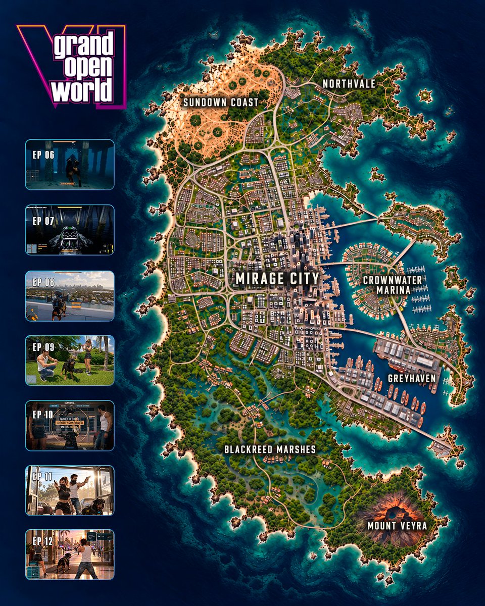 ChopThePack's tweet photo. What if Vice City was just the beginning? 🌎

After all the GTA maps we’ve seen, 
GRAND OPEN WORLD VI was just revealed today.

Which area would you explore first?