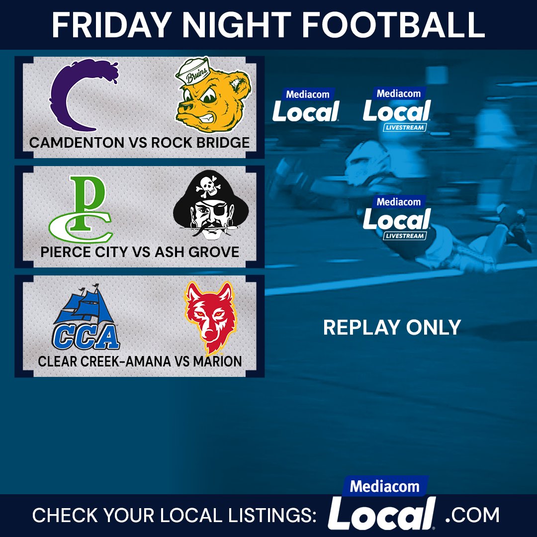 MediacomLocal's tweet photo. We're excited to share tonight's #MediacomLocal Friday Night Football lineup! ๐
๐บ Mediacom Local CH. 22, 722, or 822
๐บ Mediacom Local+ CH. 175, 664, or 764
๐ป Livestreams available to everyone: https://t.co/ZxcMLnD8hp
@PellaDutchFB @NewtonCardsFB @OkobojiFootball @GoCougs_FB @BeckmanCatholic @uthsfootball @pappyshogs @RBBruinsFB @AthleticsAghs @CCAClipperFB @MarionWolvesFB