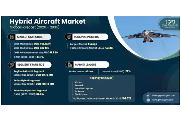 MWJeditor's tweet photo. The global hybrid aircraft market was valued at USD 401.1 million in 2025 and is estimated to grow at a CAGR of 37.7 percent to reach USD 11.2 billion by 2035, according to recent report by Global Market Insights Inc.
https://t.co/AnxpvnX2OW https://t.co/tDewrspXkA