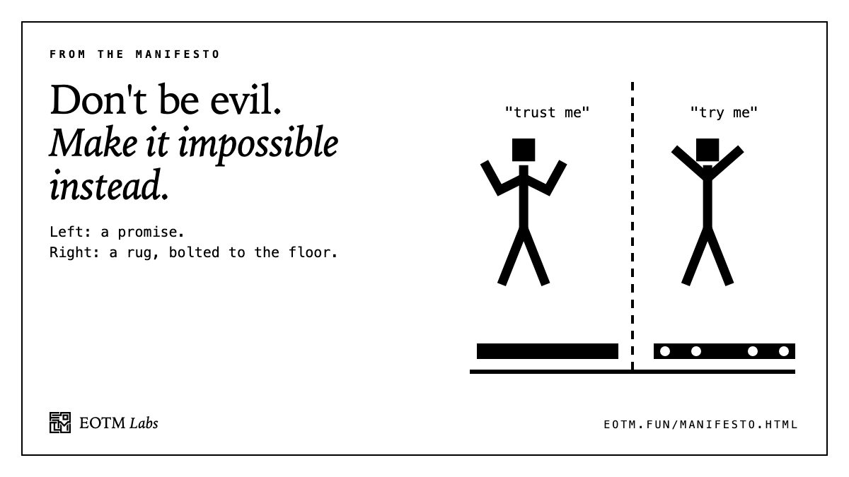 EOTMofficial's tweet photo. Left: a promise.
Right: a rug, bolted to the floor.

We'd rather build the right one. https://t.co/a52uSPObm6