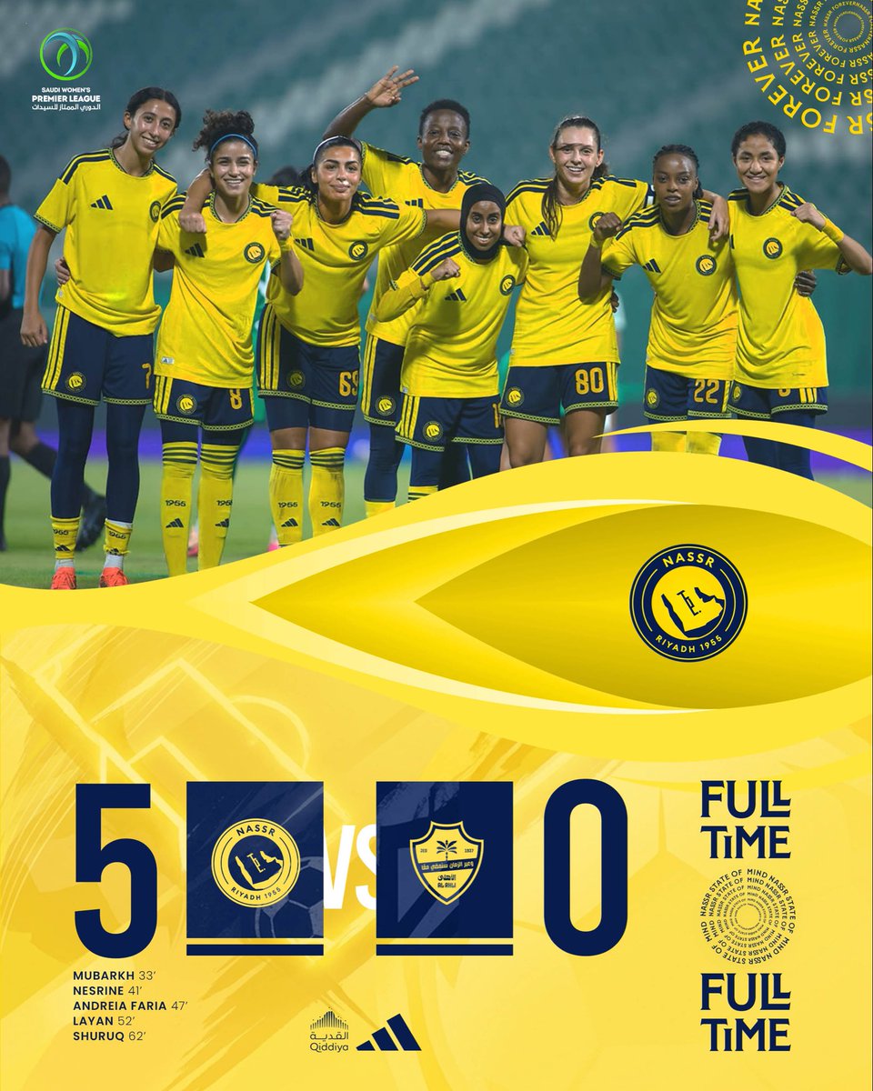 AlNassrFCW's tweet photo. شهرٌ جديد ، والخماسية هي نفسها 😉💛

بطلات الدوري يواصلن الانتصارات، 
وثـلاث نقاط جديدة 🤩👏

نهاية المباراة 🔚
#الدوري_الممتاز_للسيدات 🏆 https://t.co/OH5yYbhin0