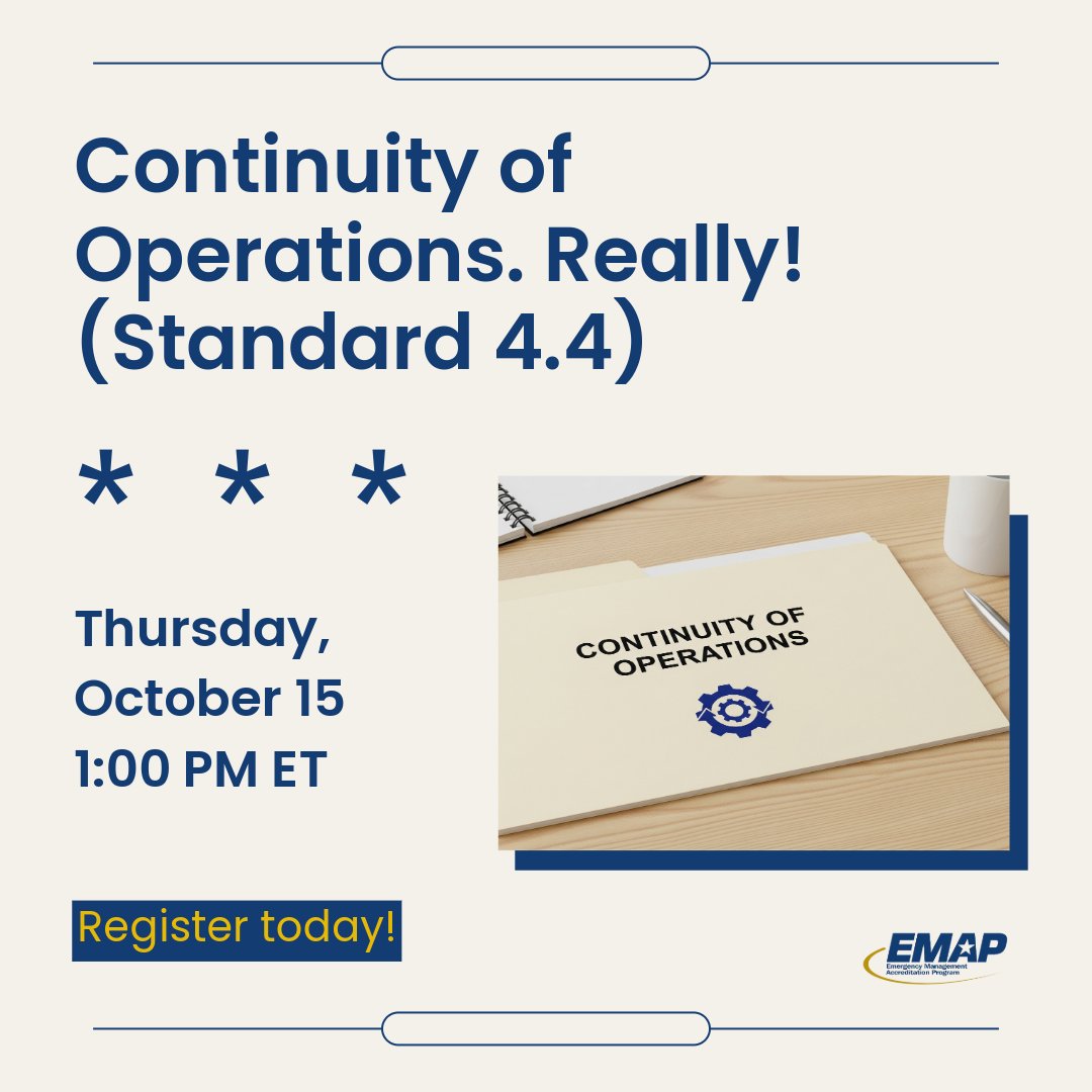 EMAP_US's tweet photo. Join EMAP on Oct. 15 at 1 p.m. EDT to discuss effective COOP and COG exercises and how they can help evaluate plans and strengthen continuity capabilities.

Register now: https://t.co/Is3UEdks0q 

#EMAP #COOP #COG #EmergencyManagement #EMGChat https://t.co/Q8MnmYRrhh