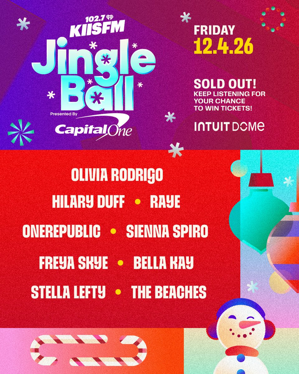 1027KIISFM's tweet photo. 🚨 #KIISJingleBall is SOLD OUT! 🎄🎁 Your only way in, is to win! 🙌 It’s going down Friday, December 4th at the @intuitdome! ✨ Catch performances from @oliviarodrigo, @hilaryduff, @raye, @onerepublic, @sienna_spiro, @ifreyaskye, #BellaKay, @stellalefty & @thebeaches❣️

Listen to KIIS all next week with @ryanseacrest for your chance to win a pair of tickets! 🥰 PLUS, you can leave us a talkback on the @iheartradio app for your chance to win your way in! https://t.co/1uDH45EoyS