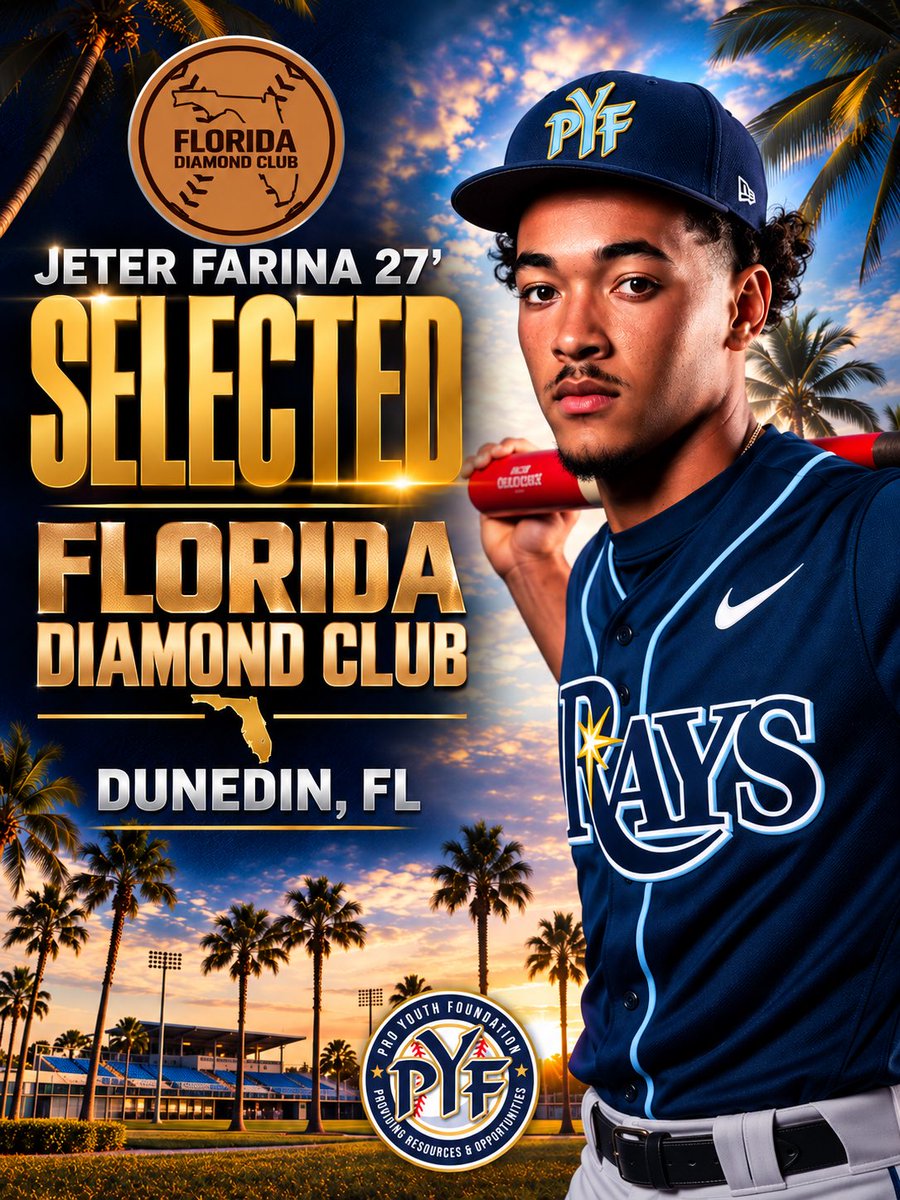 PROYOUTHinc's tweet photo. Congrats to PYF Rays player and PYF HBCU Showcase participant Jeter Farina 27’ (Jacksonville commit) on his selection to the Florida Diamond Club. The Florida Diamond Club exposure event will take place this weekend and consist of the top selected HS seniors in Florida. https://t.co/fkkvIgsvDi