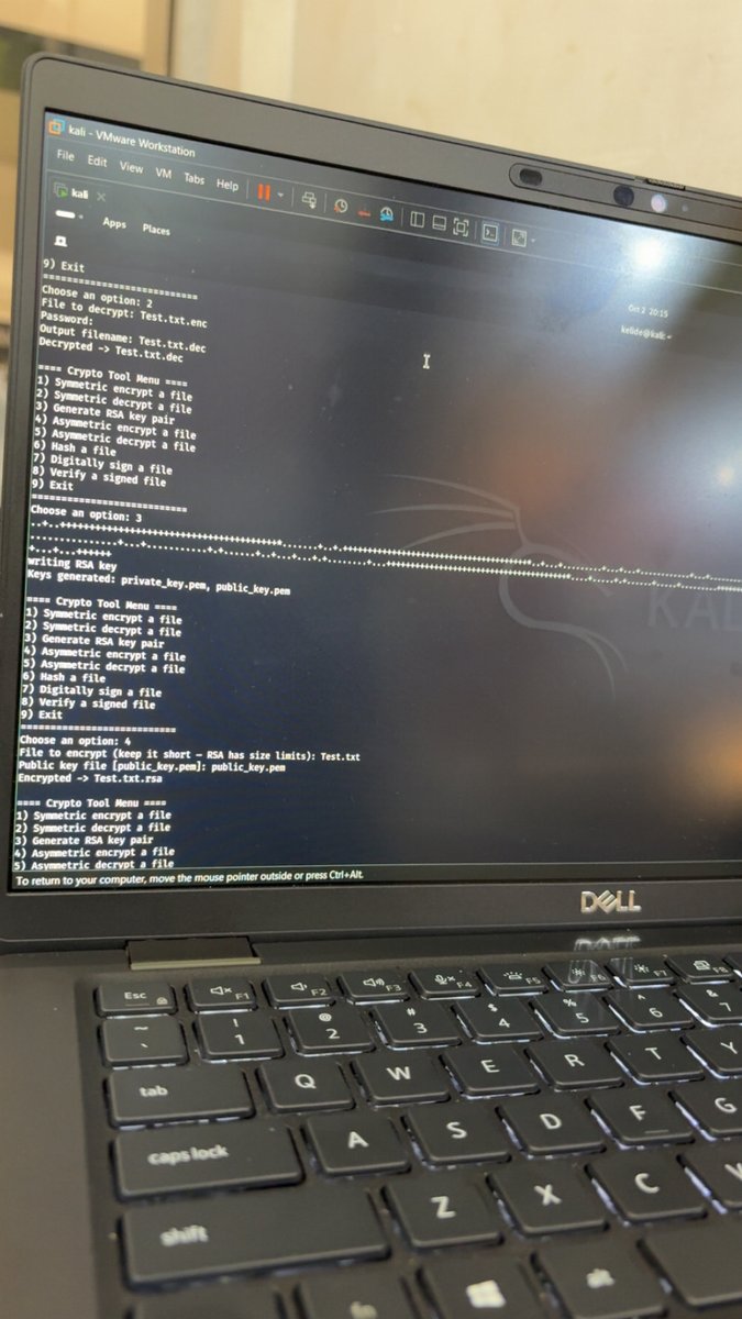_kelide's tweet photo. Few months ago I didn't know what a shell script was.
Today I wrote one that encrypts files, generates RSA key pairs, and digitally signs documents straight from my Kali terminal.
The pivot is real. 🔧
#LinuxAdmin #CyberSecurity #TheGridPivot https://t.co/3En0csNQfR