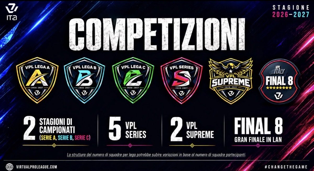 VPLItaly's tweet photo. IL RETTANGOLO DI GIOCO ASPETTA SOLO TE. ⚽🎮

Manca pochissimo al via della nuova stagione VPL... Tu da che parte starai? 🎮🔥
Spettatore dalla tribuna o protagonista sul campo?

La scalata verso il LIVE EVENT passa da qui:

🏆 CAMPIONATO VPL
⚔️ VPL SERIES

🚨 ULTIMI POSTI DISPONIBILI!
Hai tempo fino al 4 OTTOBRE per registrare la tua squadra.

Non restare a guardare. Rispondi alla sfida su Discord:
👉 https://t.co/SYRyyt5mGD

#VPL #VirtualProLeague #EsportsItaly #Gaming