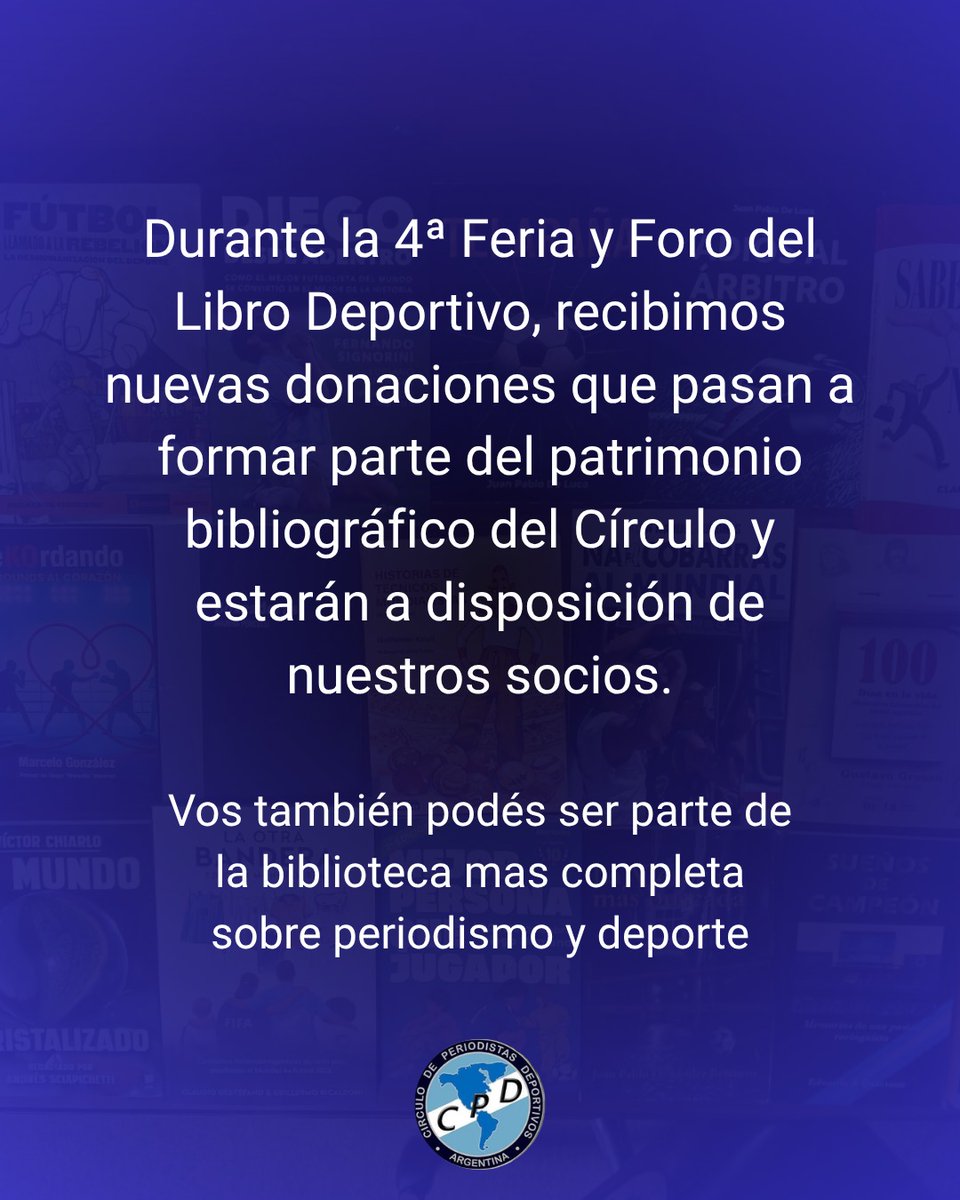 CirculoCPD's tweet photo. Durante la 4ª Feria y Foro del Libro Deportivo, recibimos nuevas donaciones que pasan a formar parte del patrimonio bibliográfico del Círculo y estarán a disposición de nuestros socios y alumnos
Si tenés libros deportivos, sobre periodismo, o disciplinas afines, te esperamos. https://t.co/eCGQVDGo5U