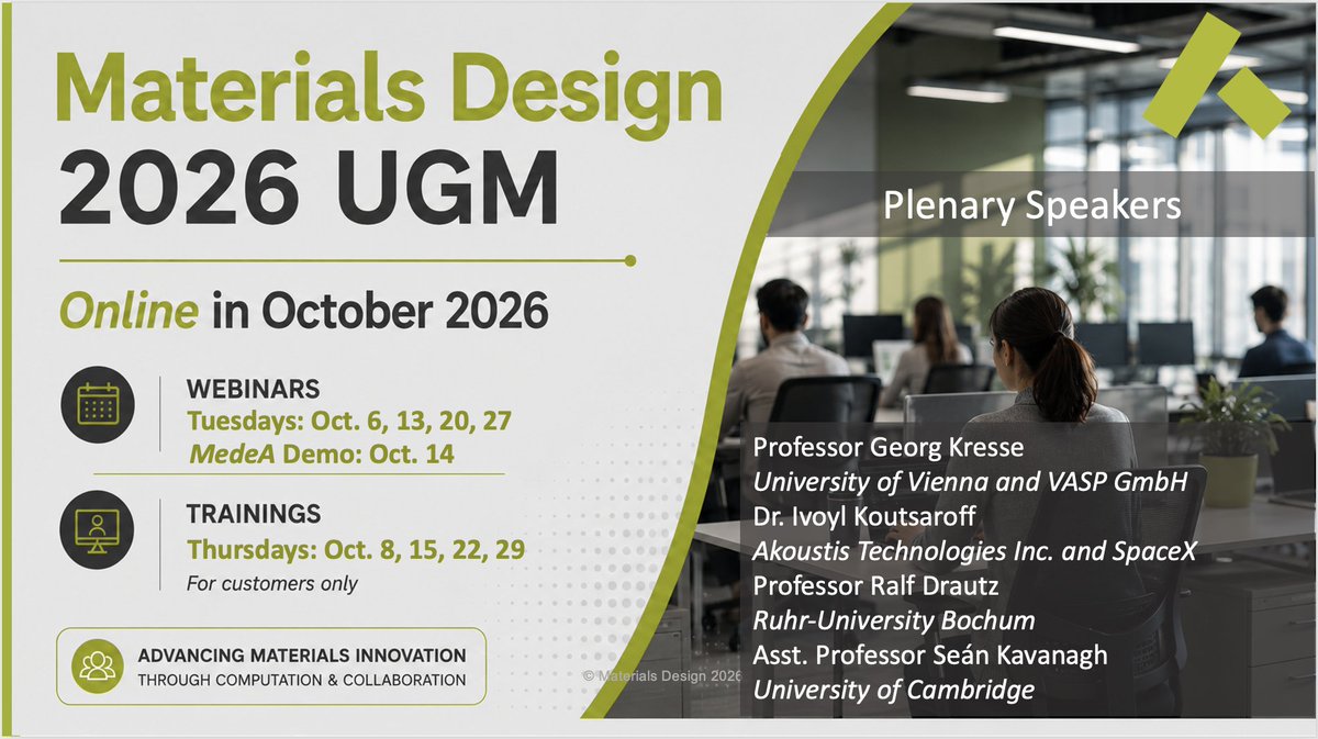 MedeAsoftware's tweet photo. Tuesday's 2026 MedeA ONLINE UGM
https://t.co/6moCTfwoTP
Plenary Speakers 
Prof Georg Kresse - The U. of Vienna &amp; VASP Software GmbH
Prof Ralf Drautz - ACEworks and Ruhr University Bochum
Ivo Koutsaroff - Akoustis Technologies &amp; @SpaceX Asst. Prof Seán Kavanagh - U. of Cambridge https://t.co/dnbk7UzH4R