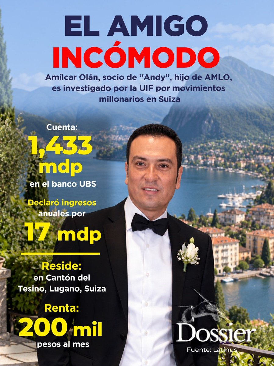 ProyectoDossier's tweet photo. La #UIF investiga a Jorge Amílcar Olán, amigo de “Andy” López Beltrán. 🤔 
Le habría detectado una cuenta en Suiza con 72 millones de euros, unos 1,433 mdp, que serían ganancias obtenidas mediante contratos gubernamentales. 🤷‍♀️ https://t.co/Nt6Hohynn2